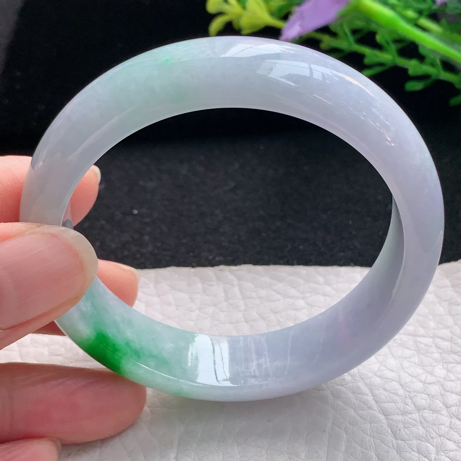 ss自然光54*14*7.2平安镯 翡翠a货玉手镯春带彩宽边珠宝玉手环