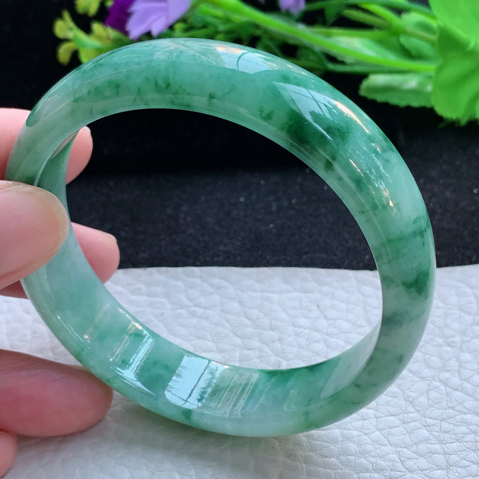 Hh自然光58.8*14.8*7平安镯 天然缅甸翡翠满绿飘绿花宽边珠宝玉手镯