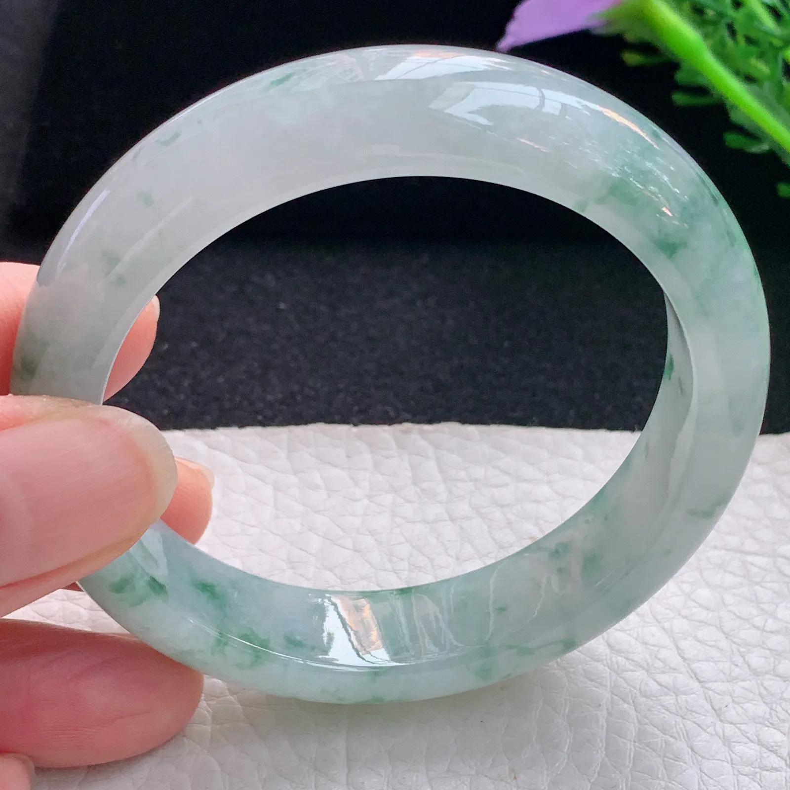 js自然光54*13.8*8.2平安镯 翡翠a货玉手镯冰飘花宽边珠宝玉手环