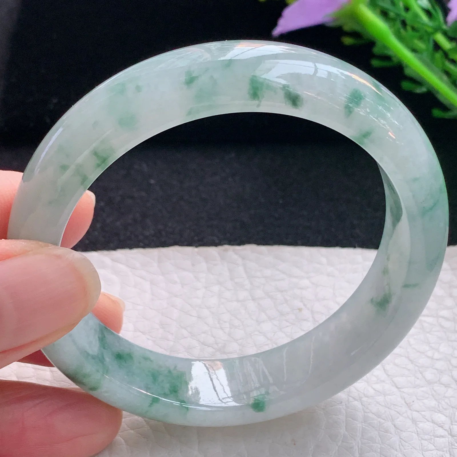 js自然光54*13.8*8.2平安镯 翡翠a货玉手镯冰飘花宽边珠宝玉手环