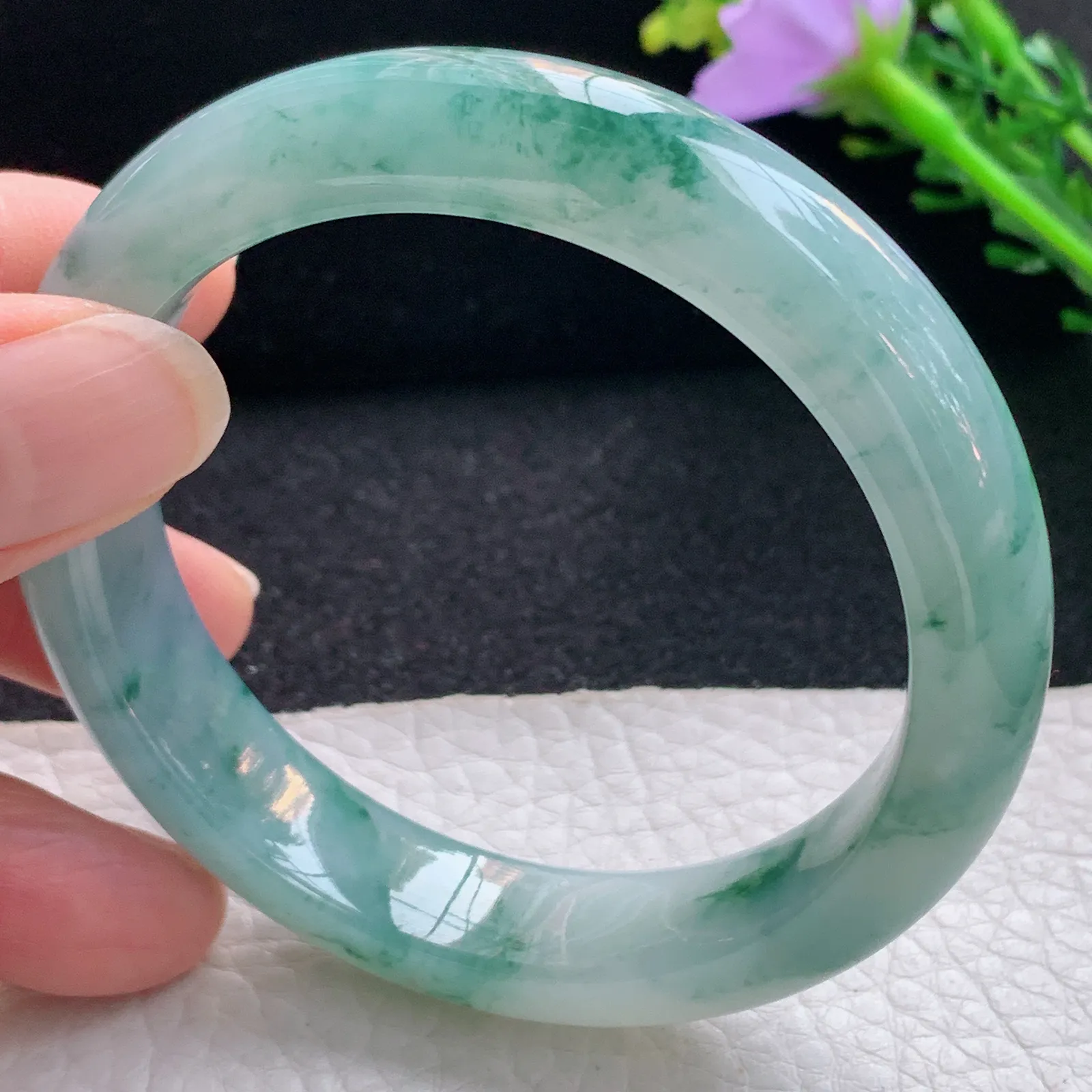 xc自然光56*12.8*8.2平安镯 翡翠a货玉手镯冰飘花宽边珠宝玉手环