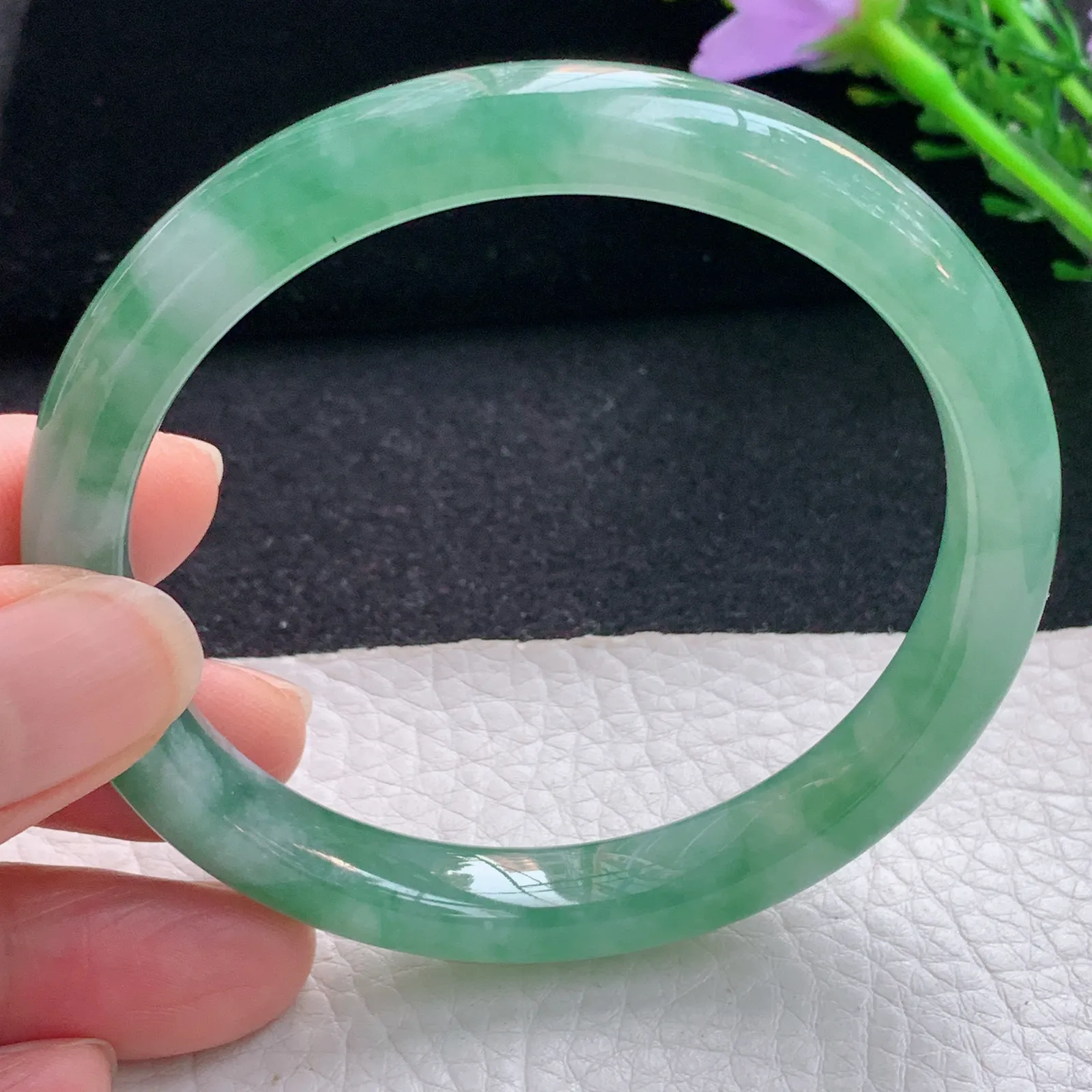 xc自然光59*9.2*7.5平安镯 翡翠a货玉手镯冰润秀气宽边珠宝玉手环