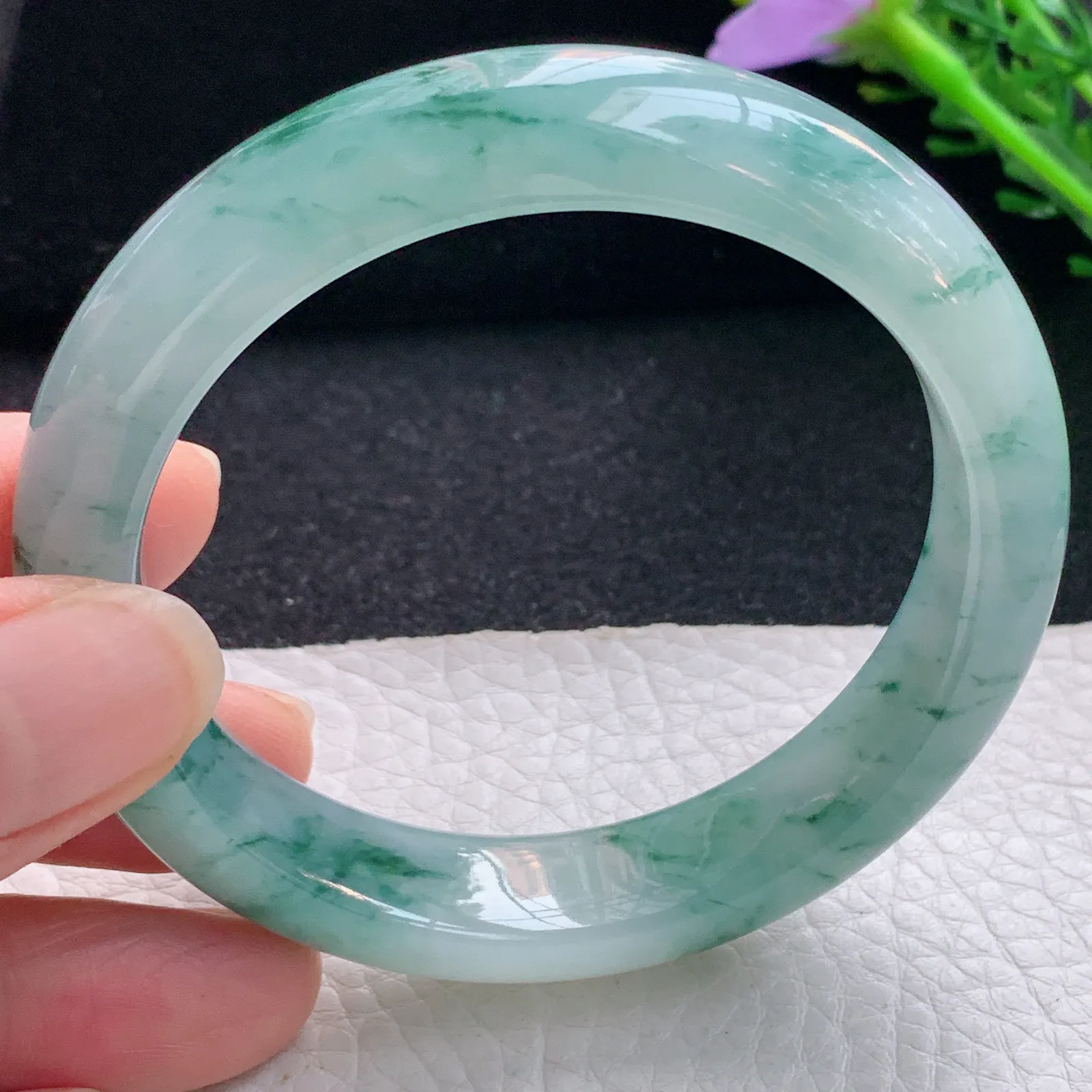 xc自然光56*12.8*8.2平安镯 翡翠a货玉手镯冰飘花宽边珠宝玉手环