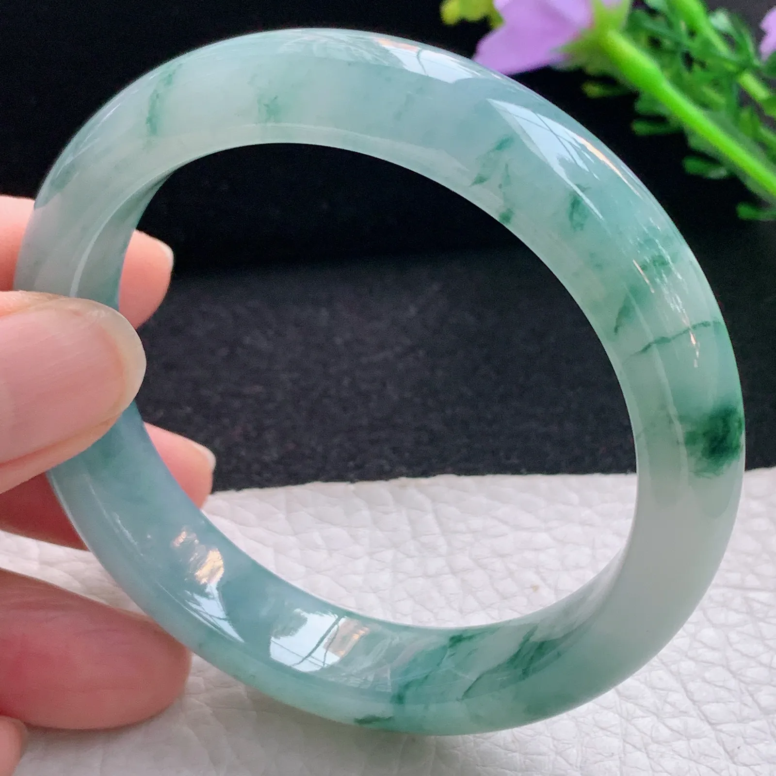 xc自然光56*12.8*8.2平安镯 翡翠a货玉手镯冰飘花宽边珠宝玉手环