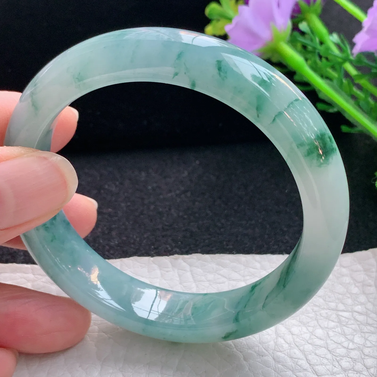 xc自然光56*12.8*8.2平安镯 翡翠a货玉手镯冰飘花宽边珠宝玉手环