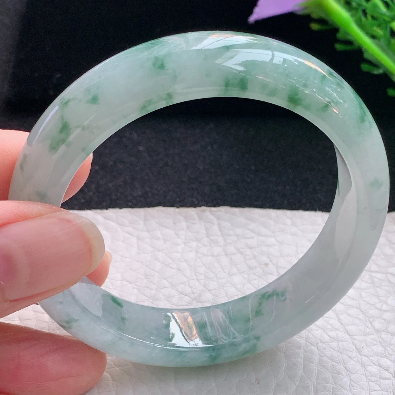 js自然光54*13.8*8.2平安镯 翡翠a货玉手镯冰飘花宽边珠宝玉手环