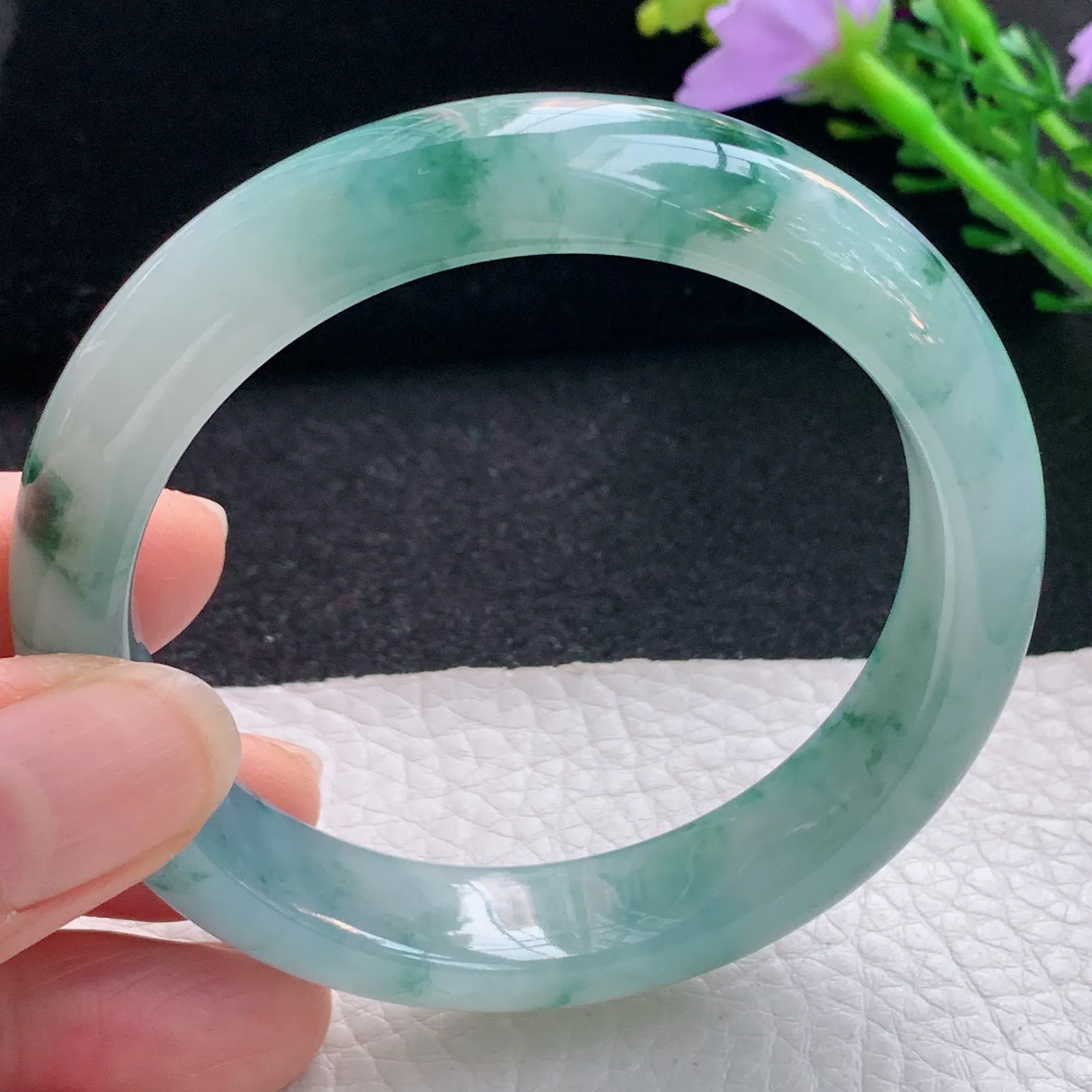 xc自然光56*12.8*8.2平安镯 翡翠a货玉手镯冰飘花宽边珠宝玉手环