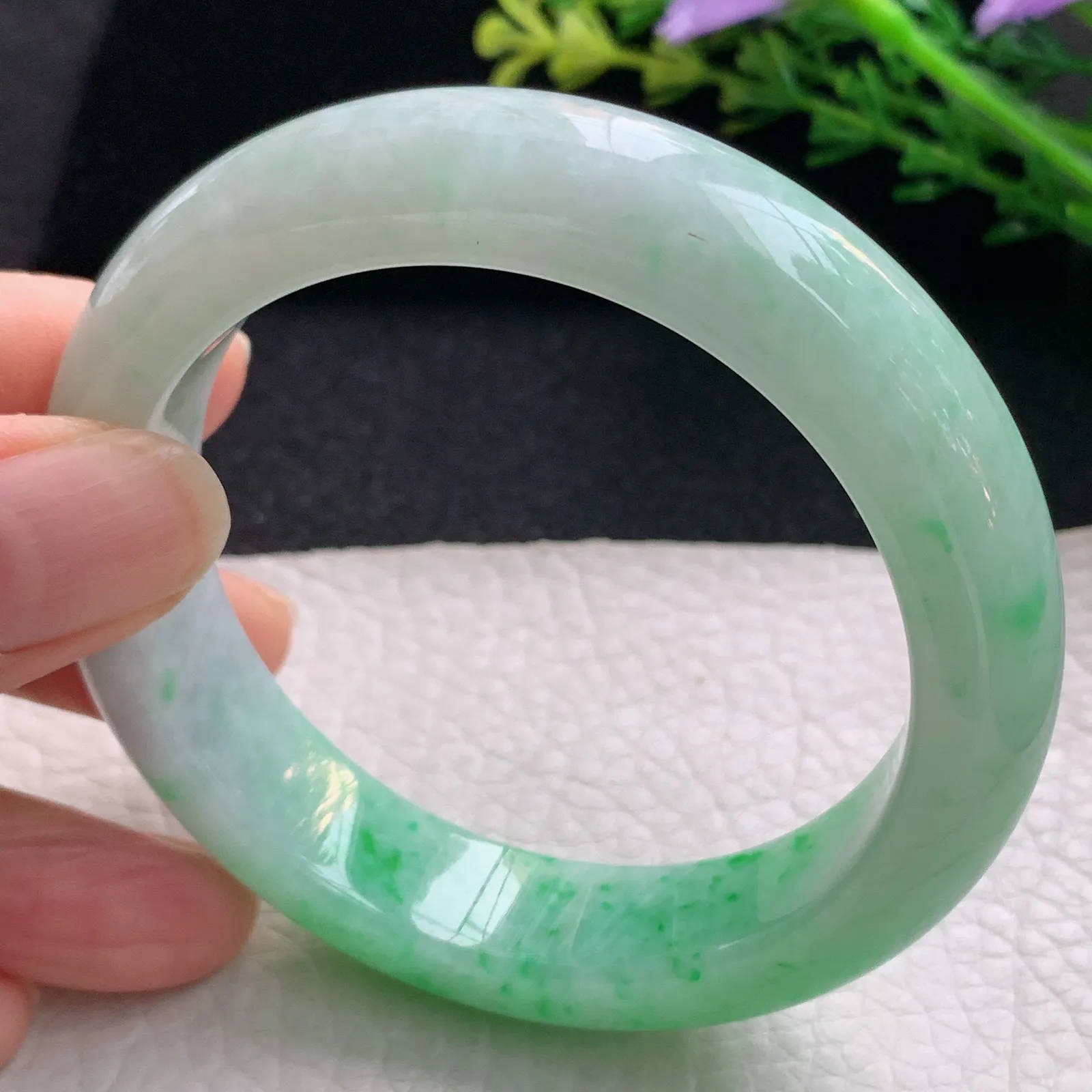 cc自然光56.5*13.8*9平安镯 翡翠a货玉手镯飘阳绿宽边珠宝玉手环