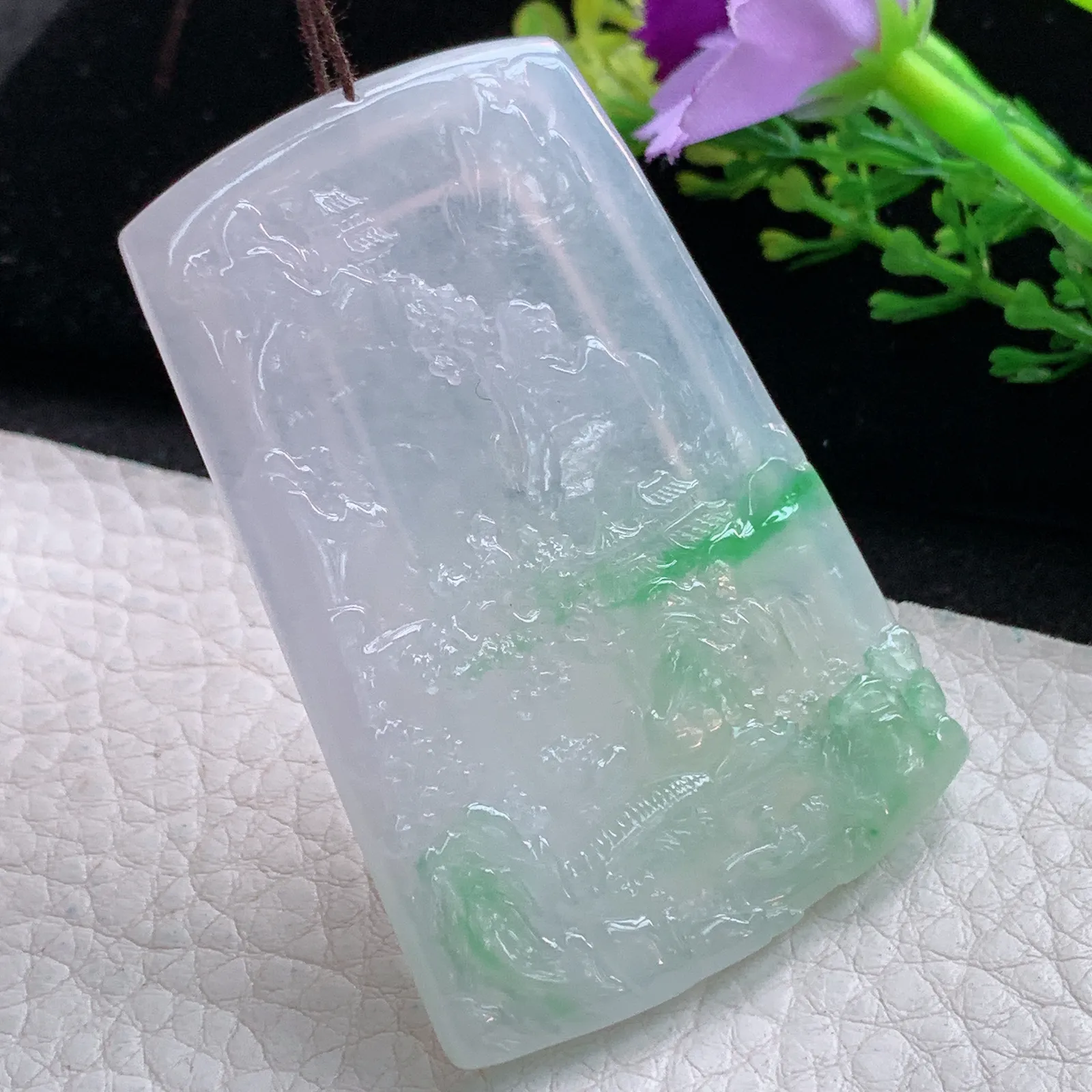 gp实拍60.5*41.5*5.5缅甸翡翠a货精雕冰飘阳绿大好河山 山水玉吊坠 玉挂件