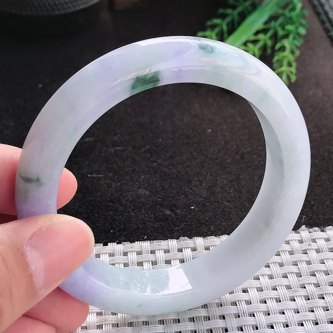 天然A货翡翠57.5/12.8/9.2老坑精美温润紫罗兰飘花手镯宽边玉镯