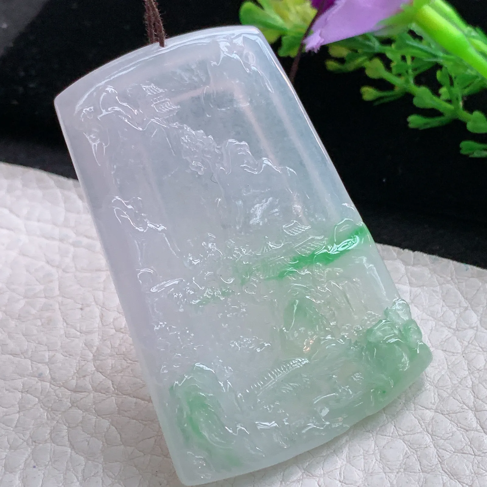 gp实拍60.5*41.5*5.5缅甸翡翠a货精雕冰飘阳绿大好河山 山水玉吊坠 玉挂件