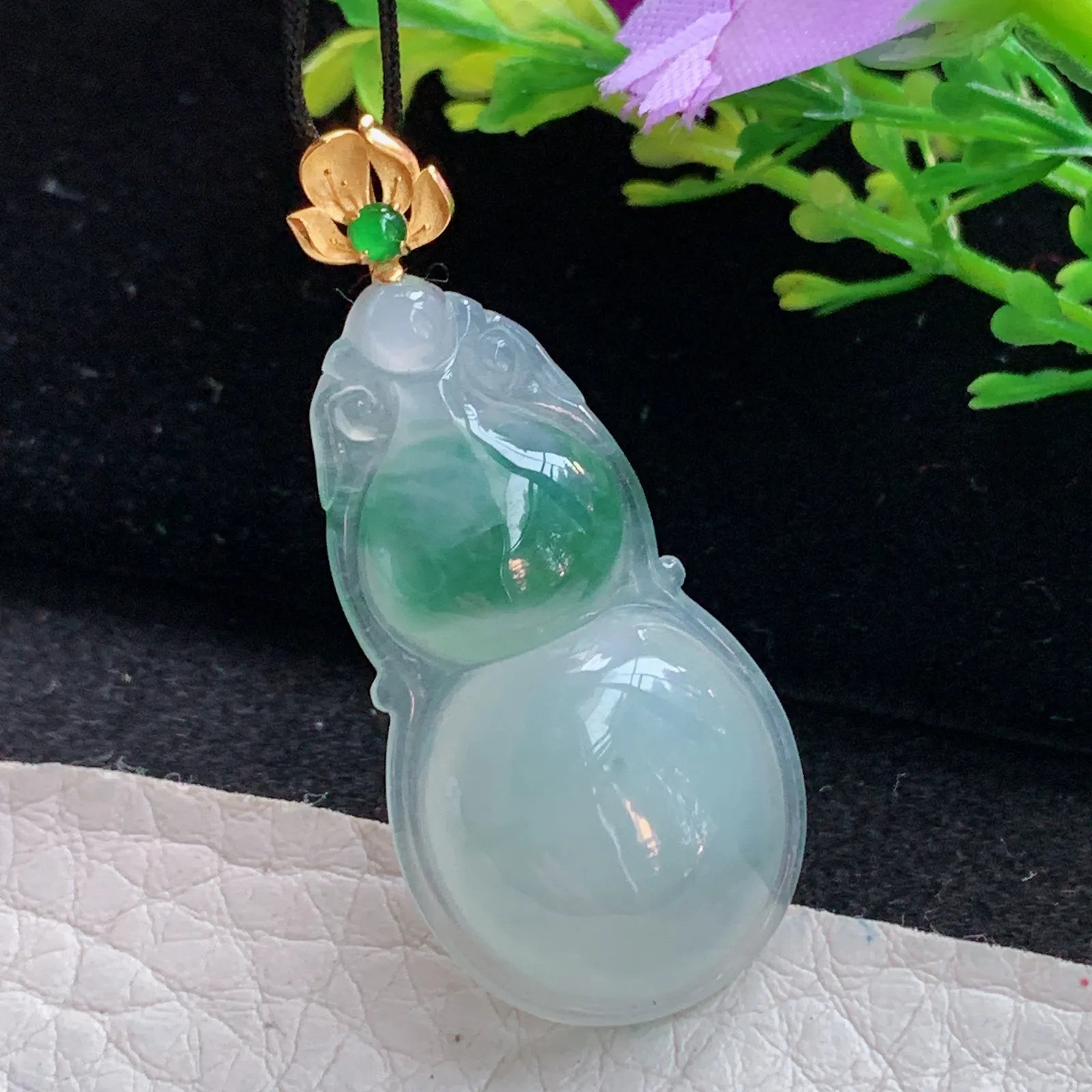 gp实拍40.3*18*6缅甸翡翠a货精雕冰飘花饱满葫芦 玉葫芦玉吊坠 玉挂件