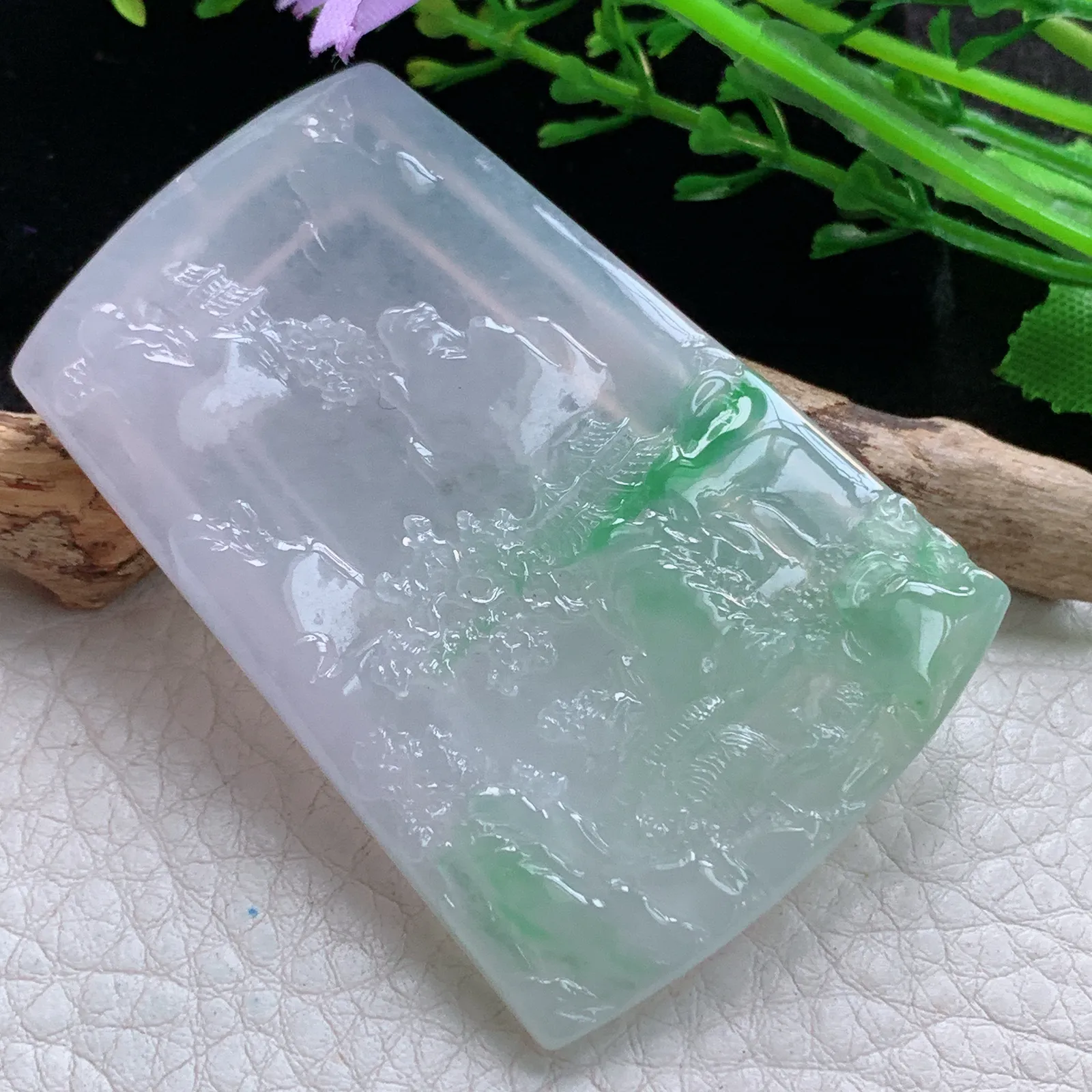 gp实拍60.5*41.5*5.5缅甸翡翠a货精雕冰飘阳绿大好河山 山水玉吊坠 玉挂件