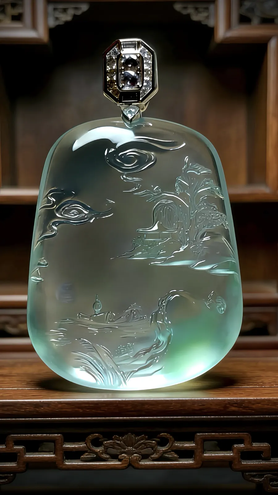 【宁静致远】，山水牌子，
凝一汪清润翡翠，镌千里山水诗意。流云绕峰，扁舟泛水，方寸玉牌间藏尽江南烟霞