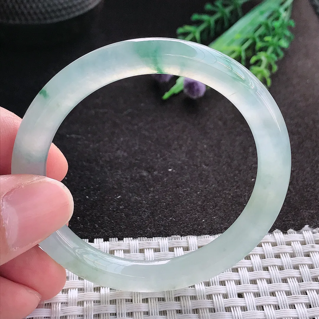 天然A货翡翠51/7.4/8.2老坑冰种飘花圆条手镯玉镯