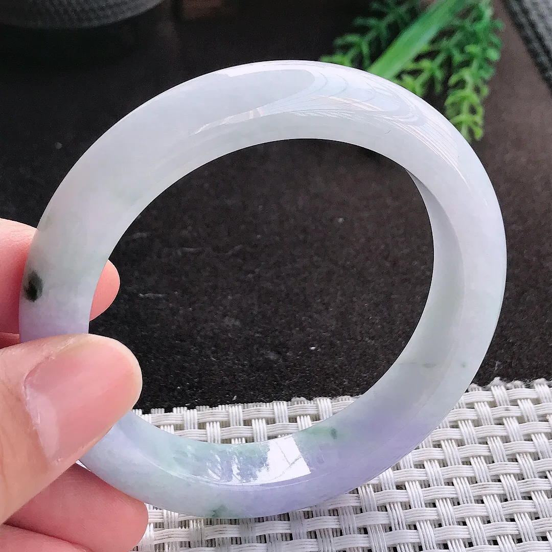 天然A货翡翠57.5/12.8/9.2老坑精美温润紫罗兰飘花手镯宽边玉镯