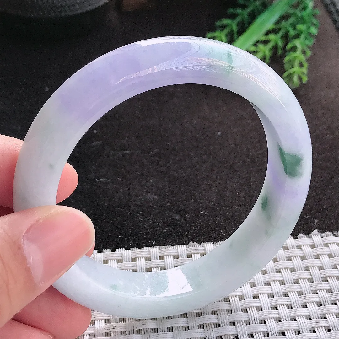 天然A货翡翠57.5/12.8/9.2老坑精美温润紫罗兰飘花手镯宽边玉镯