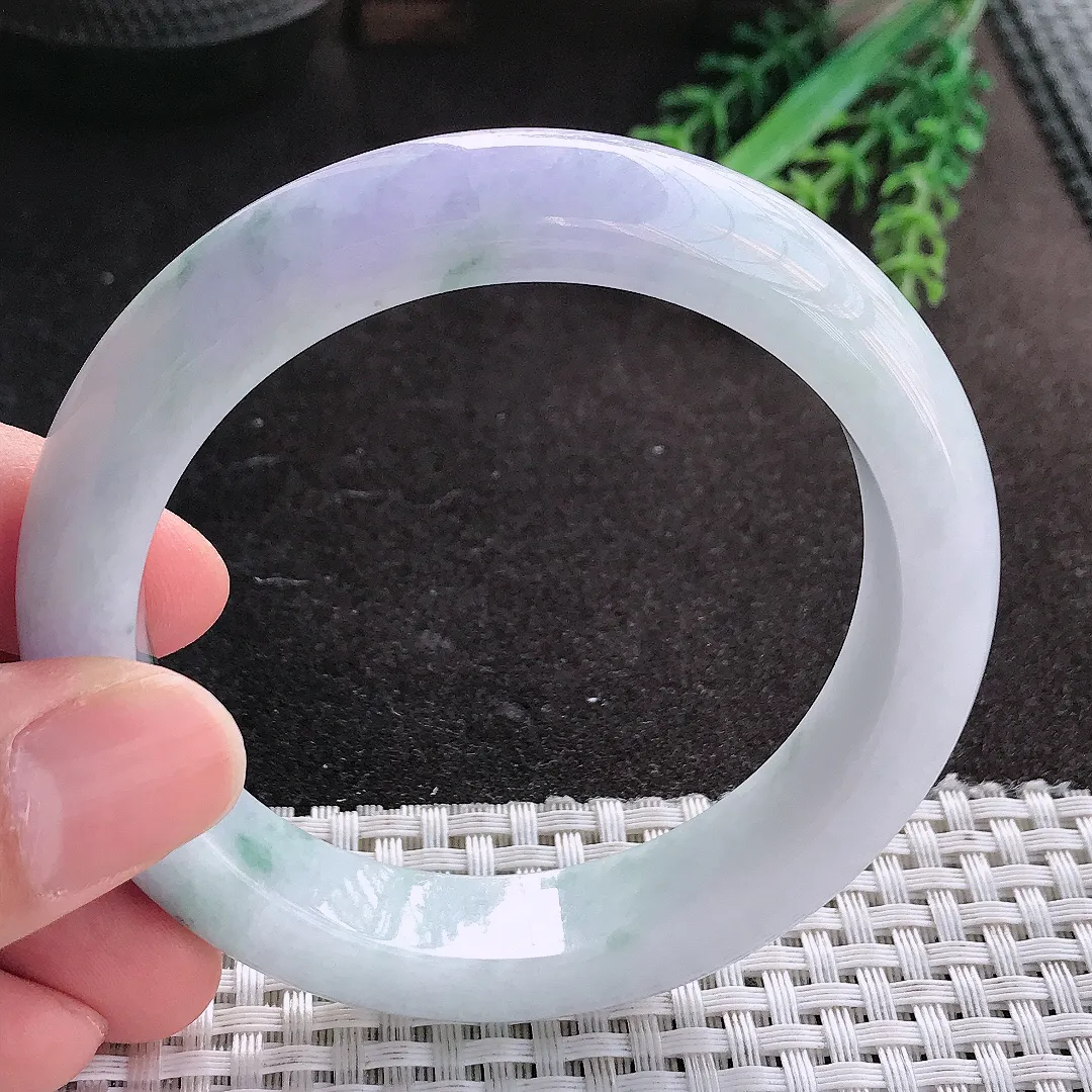 天然A货翡翠57.5/12.8/9.2老坑精美温润紫罗兰飘花手镯宽边玉镯