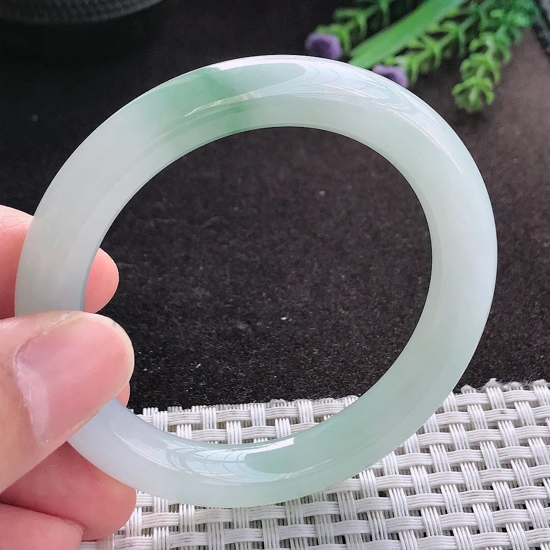 天然A货翡翠52/9.7/9.3老坑冰胶果冻飘花圆条手镯玉镯