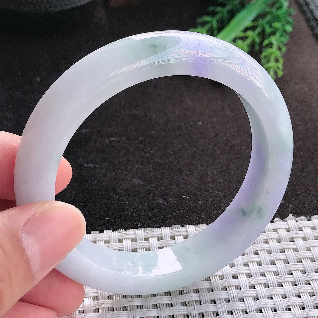 天然A货翡翠57.5/12.8/9.2老坑精美温润紫罗兰飘花手镯宽边玉镯