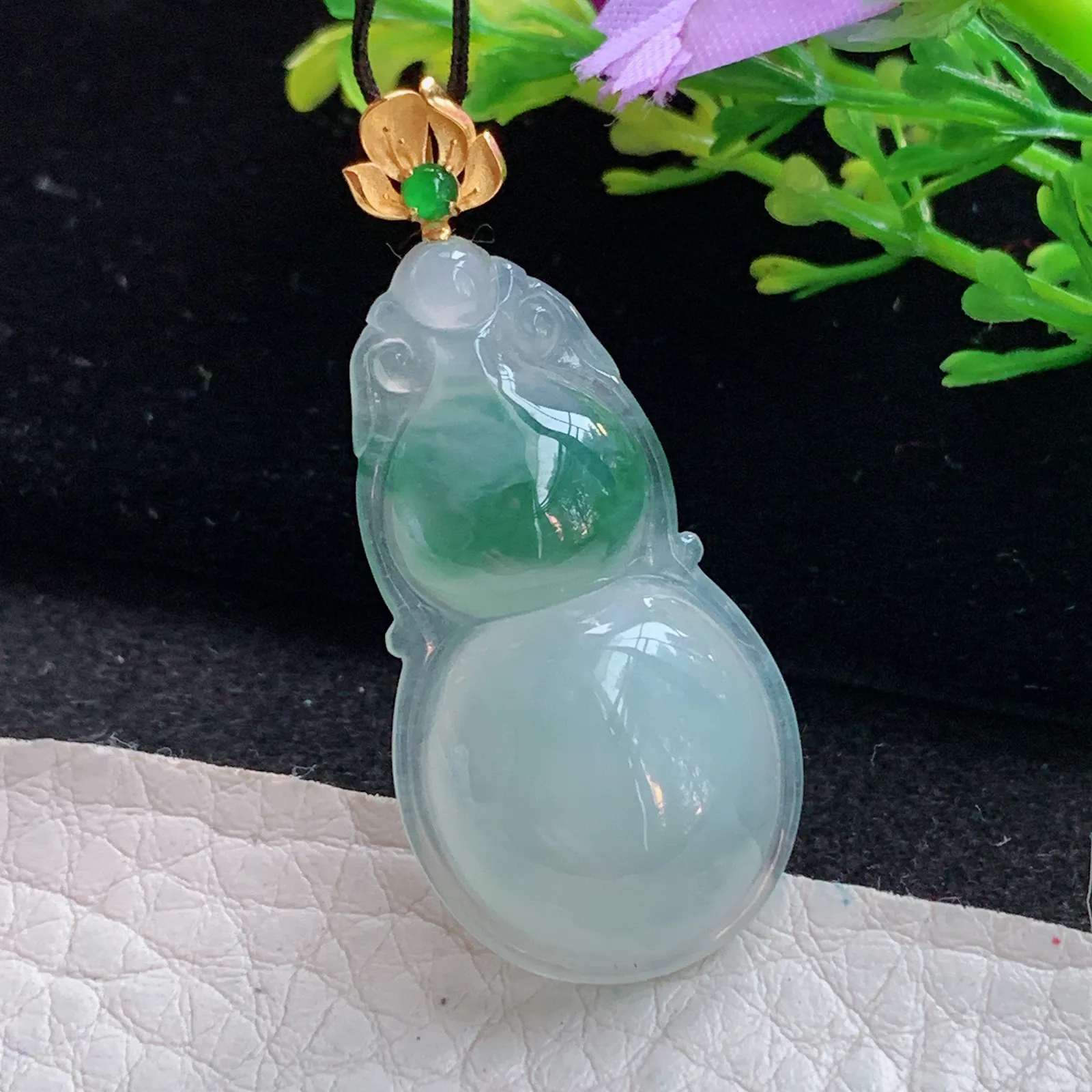 gp实拍40.3*18*6缅甸翡翠a货精雕冰飘花饱满葫芦 玉葫芦玉吊坠 玉挂件
