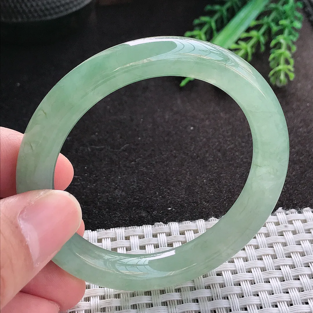 天然A货翡翠52.5/10/9.2老坑冰胶果冻冰晴绿圆条手镯玉镯