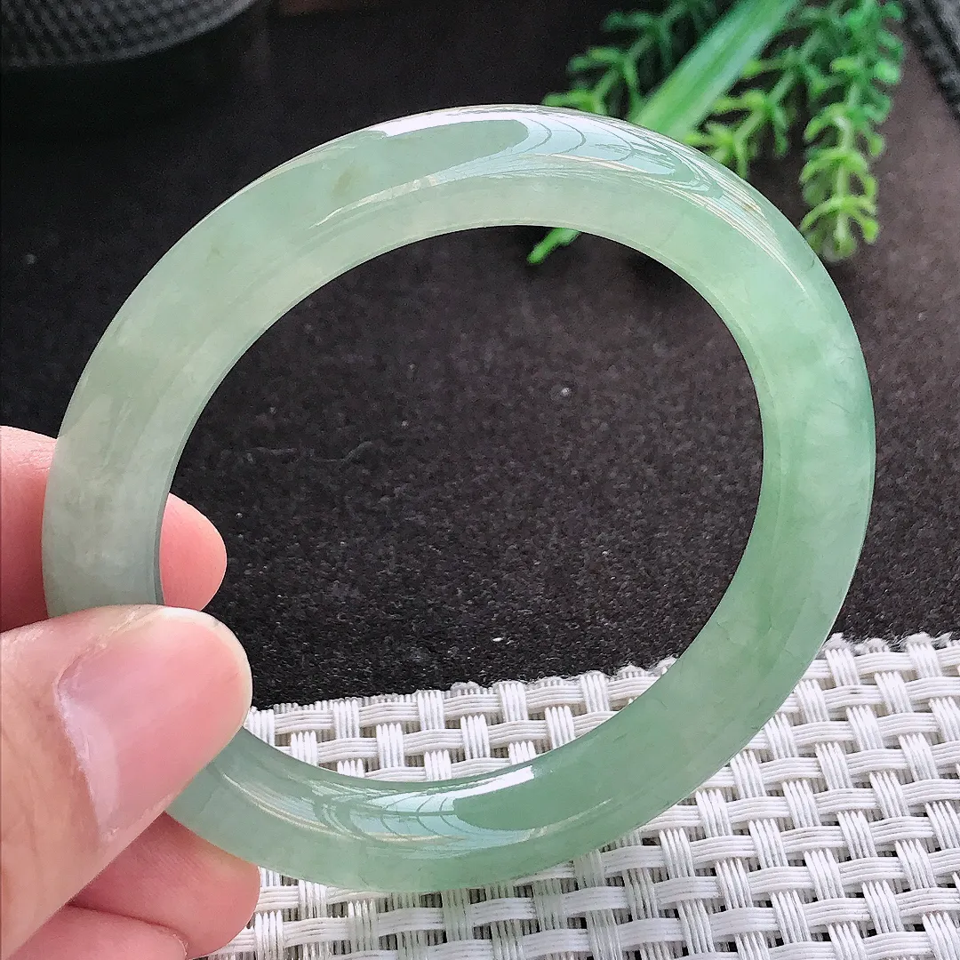 天然A货翡翠52.5/10/9.2老坑冰胶果冻冰晴绿圆条手镯玉镯