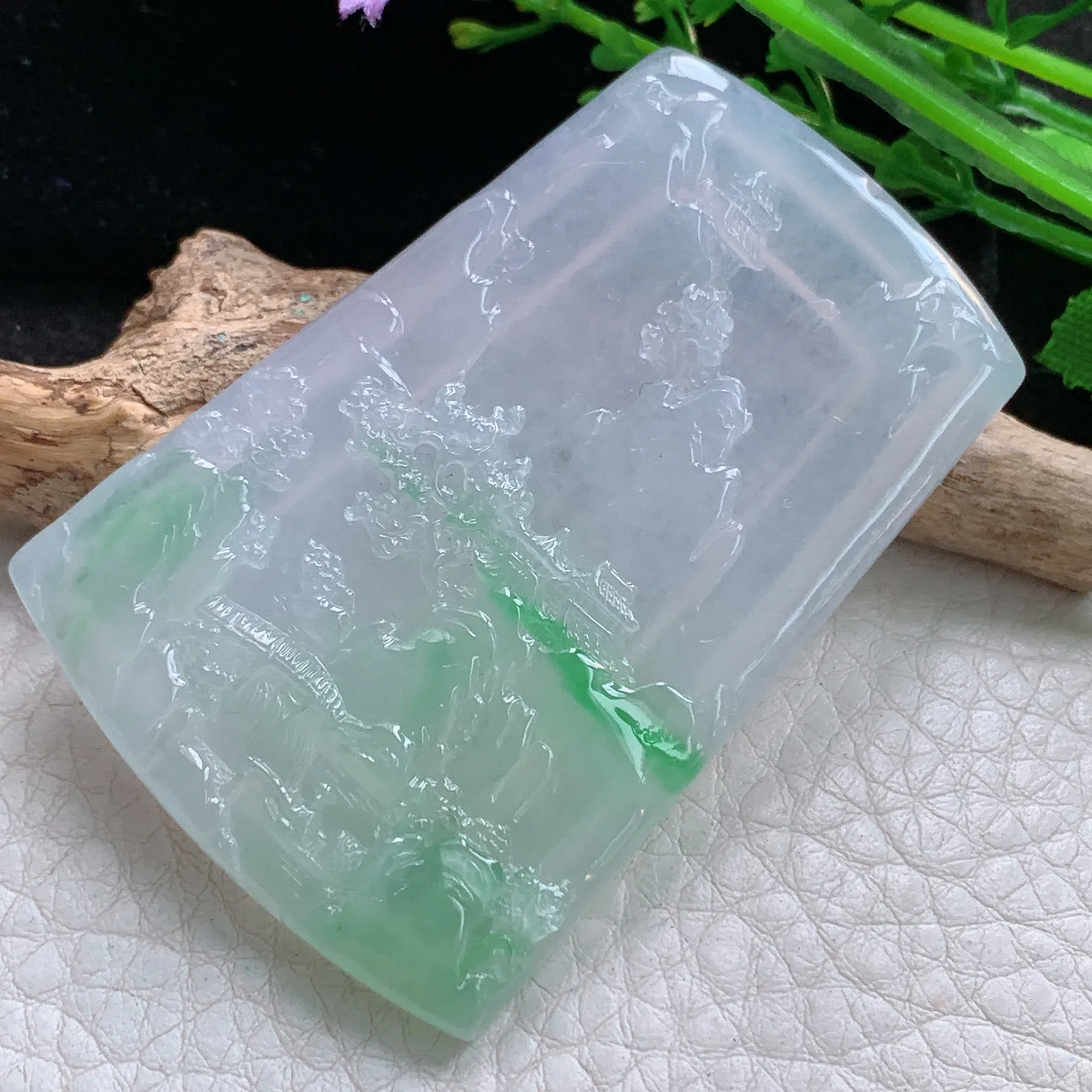 gp实拍60.5*41.5*5.5缅甸翡翠a货精雕冰飘阳绿大好河山 山水玉吊坠 玉挂件