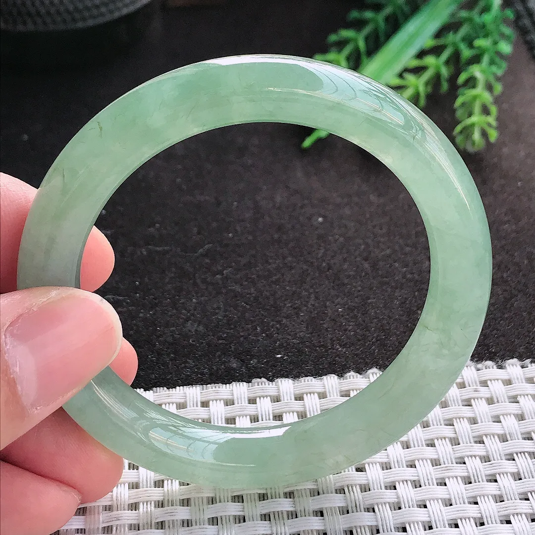 天然A货翡翠52.5/10/9.2老坑冰胶果冻冰晴绿圆条手镯玉镯