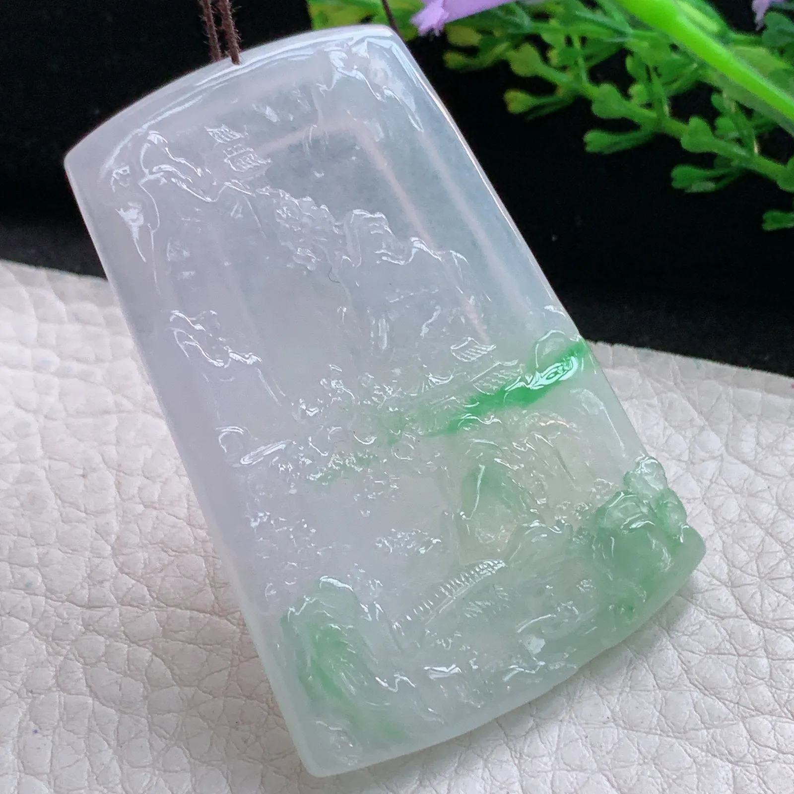 gp实拍60.5*41.5*5.5缅甸翡翠a货精雕冰飘阳绿大好河山 山水玉吊坠 玉挂件