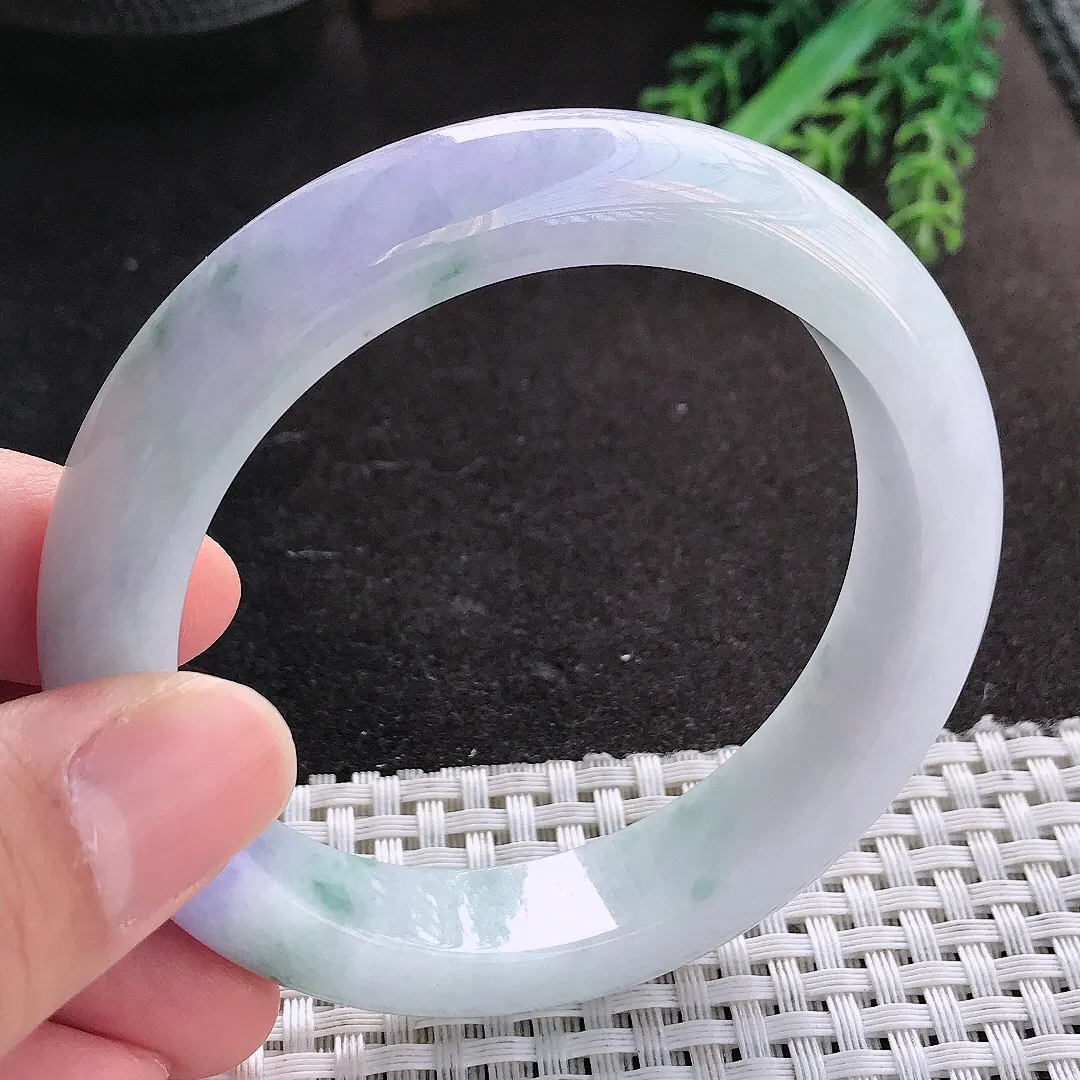 天然A货翡翠57.5/12.8/9.2老坑精美温润紫罗兰飘花手镯宽边玉镯