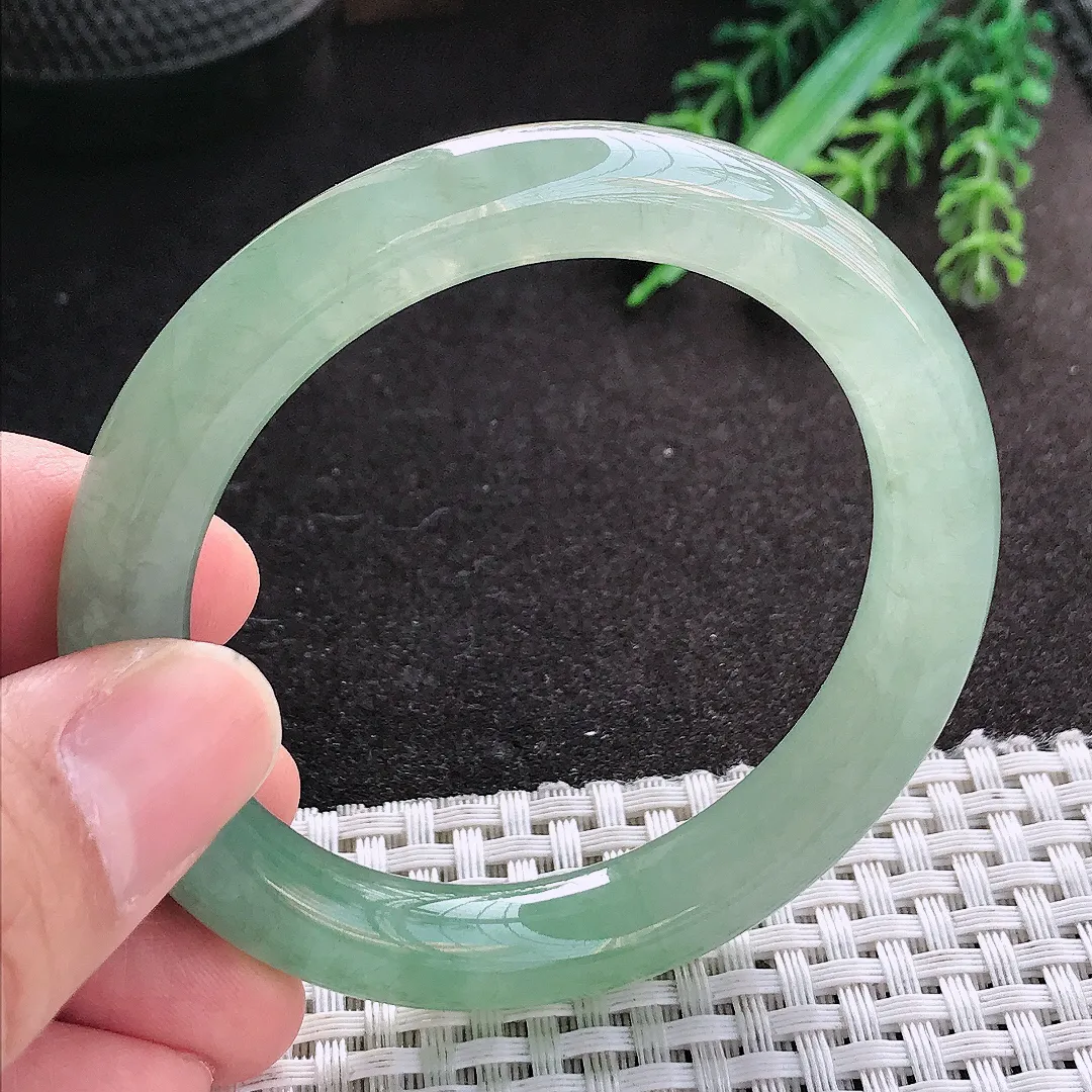 天然A货翡翠52.5/10/9.2老坑冰胶果冻冰晴绿圆条手镯玉镯