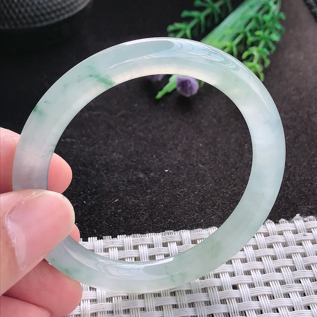 天然A货翡翠51/7.4/8.2老坑冰种飘花圆条手镯玉镯