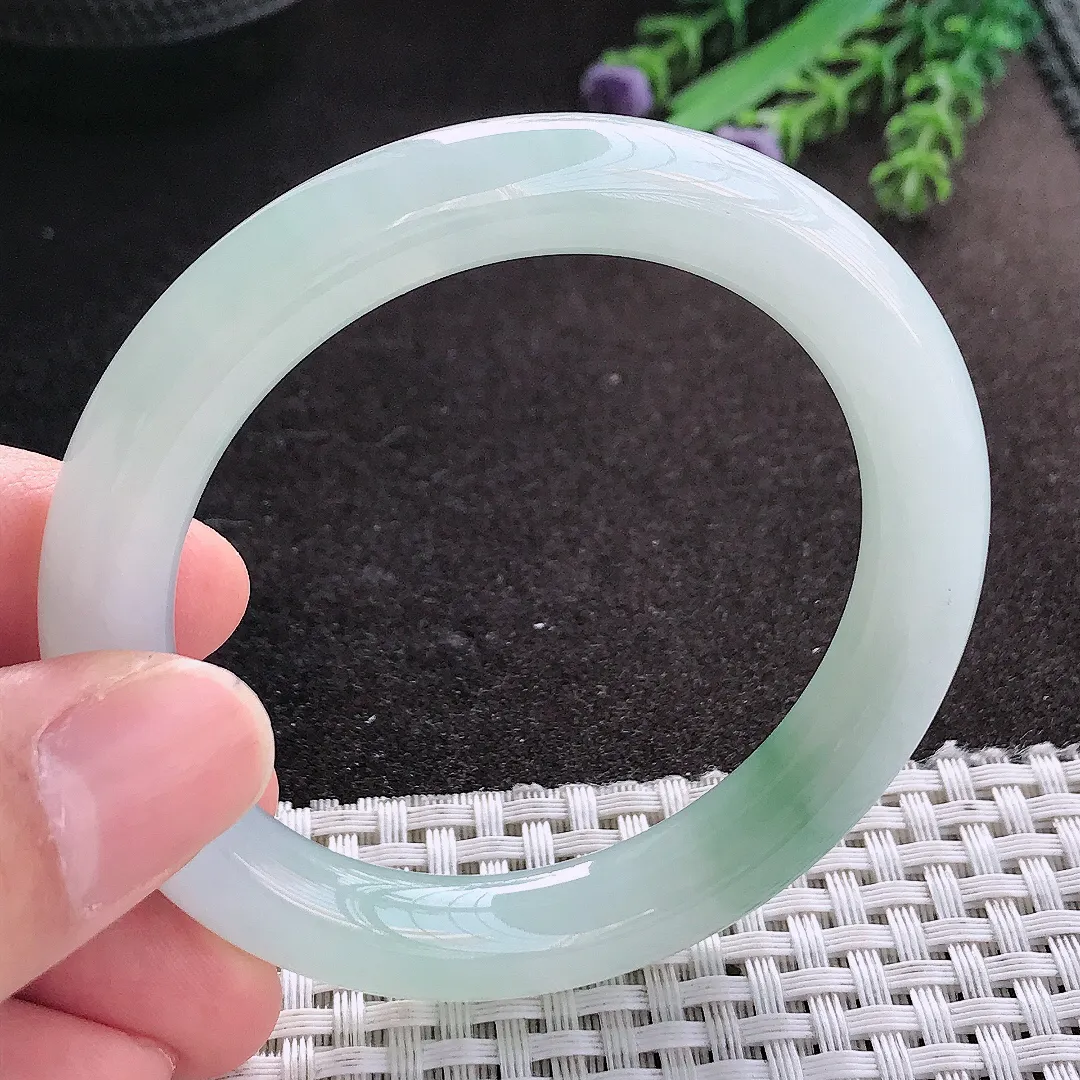 天然A货翡翠52/9.7/9.3老坑冰胶果冻飘花圆条手镯玉镯