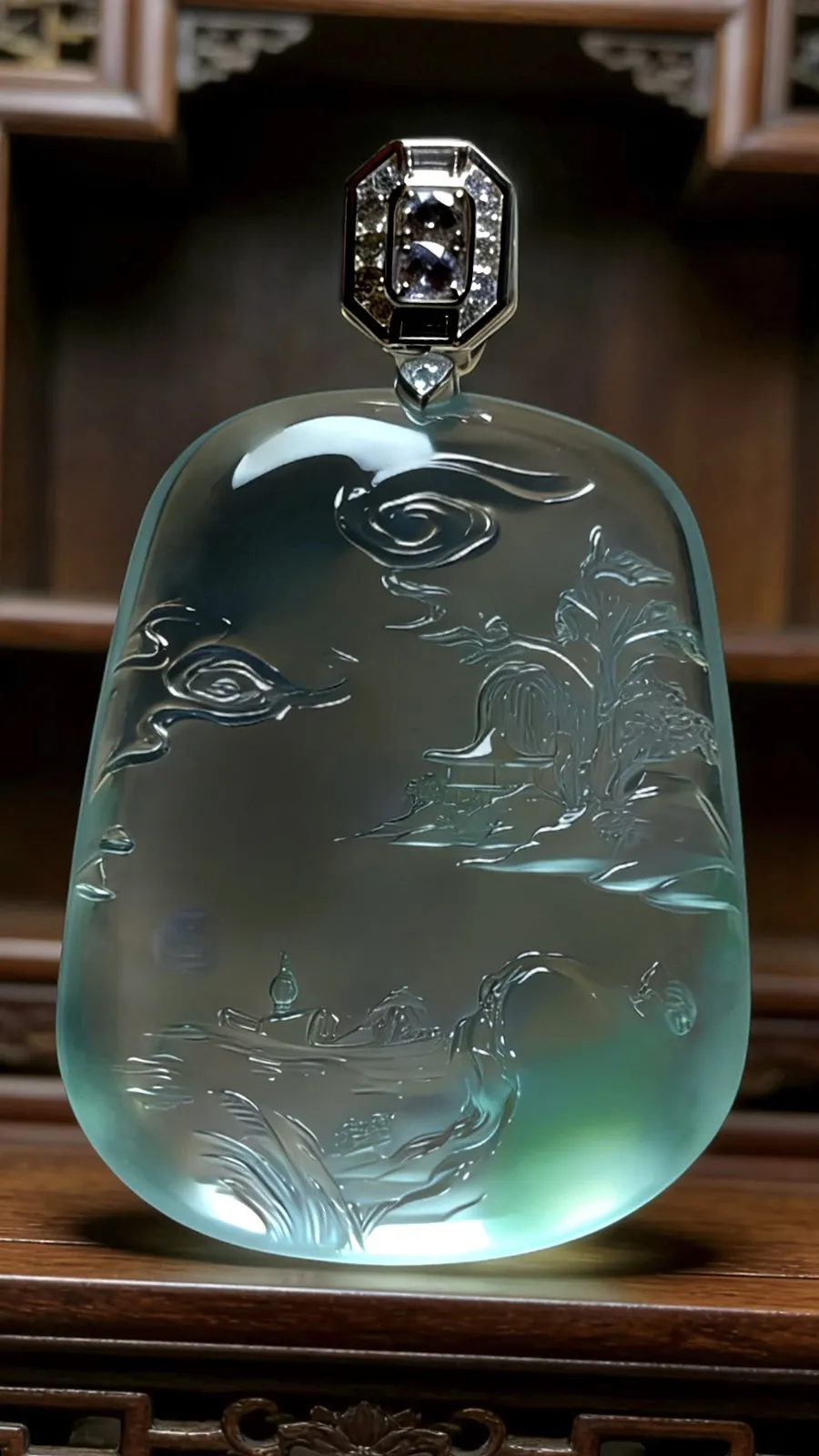 【宁静致远】，山水牌子，
凝一汪清润翡翠，镌千里山水诗意。流云绕峰，扁舟泛水，方寸玉牌间藏尽江南烟霞，皆是东方雅韵的温柔与悠远。
王伟骐玉雕艺术作品，裸石48-37.5-9mm，
18K金，南非钻，34.1g，