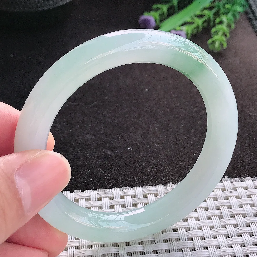 天然A货翡翠52/9.7/9.3老坑冰胶果冻飘花圆条手镯玉镯