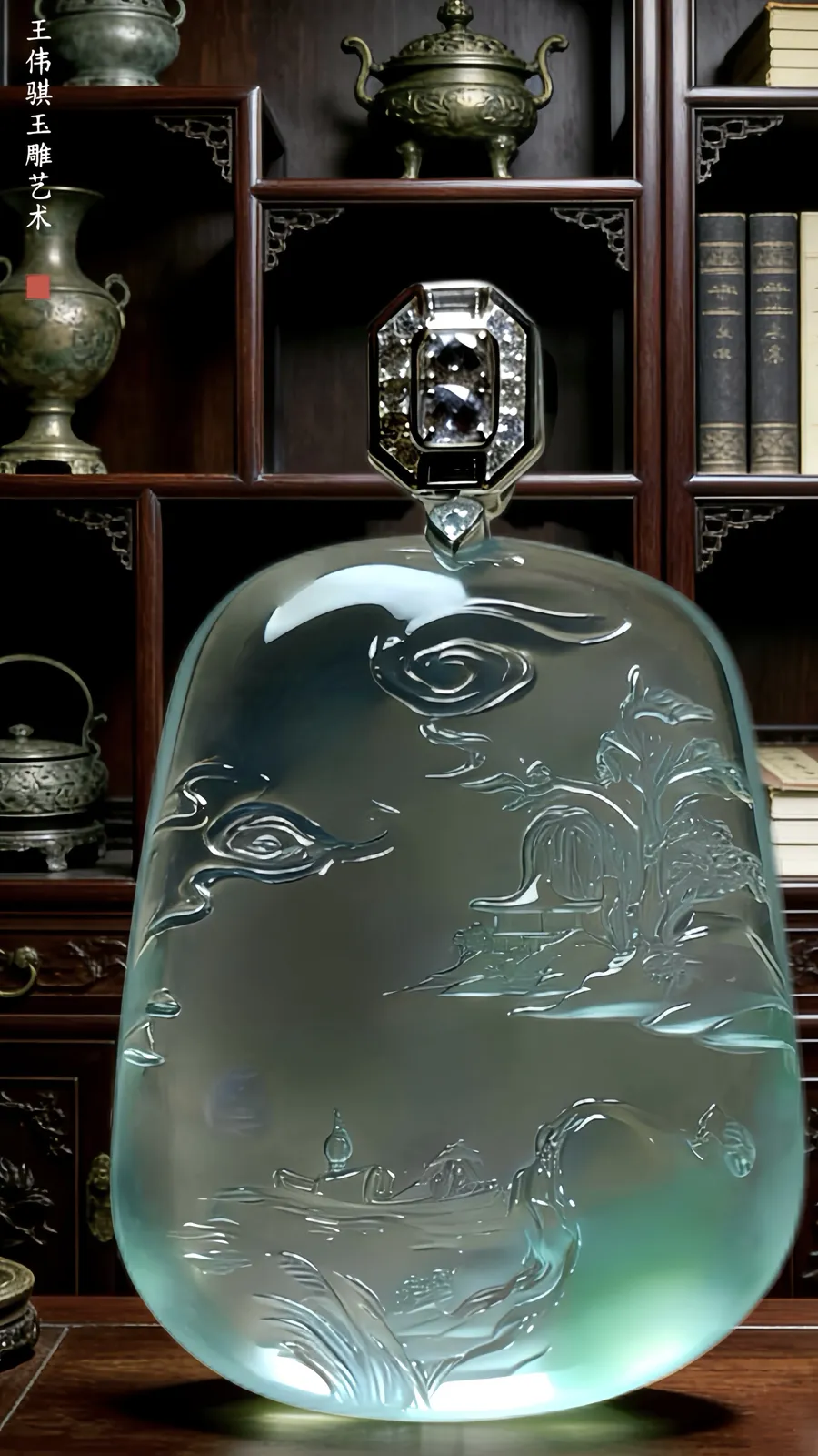 【宁静致远】，山水牌子，
凝一汪清润翡翠，镌千里山水诗意。流云绕峰，扁舟泛水，方寸玉牌间藏尽江南烟霞，皆是东方雅韵的温柔与悠远。
王伟骐玉雕艺术作品，裸石48-37.5-9mm，
18K金，南非钻，34.1g，