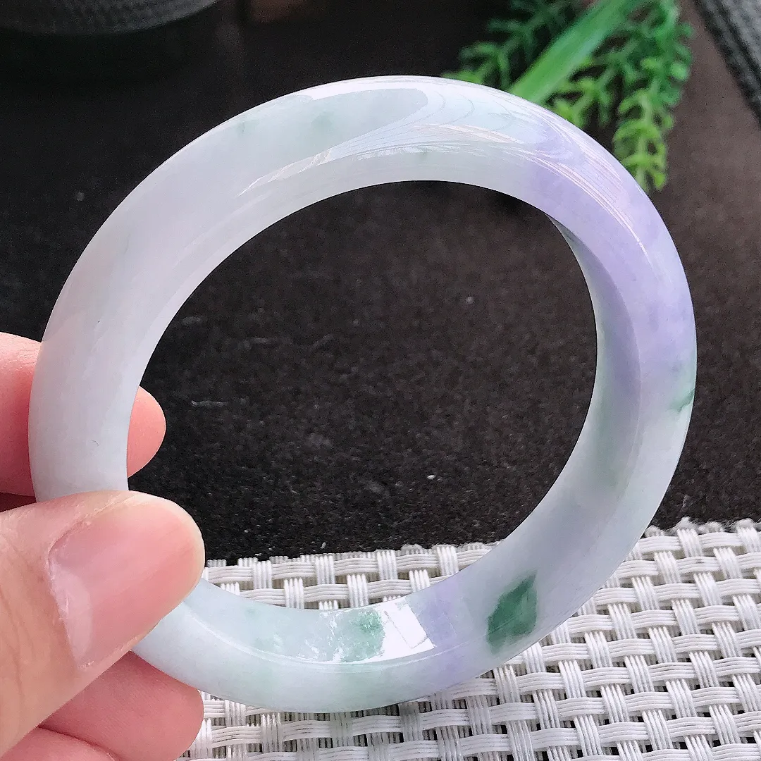 天然A货翡翠57.5/12.8/9.2老坑精美温润紫罗兰飘花手镯宽边玉镯