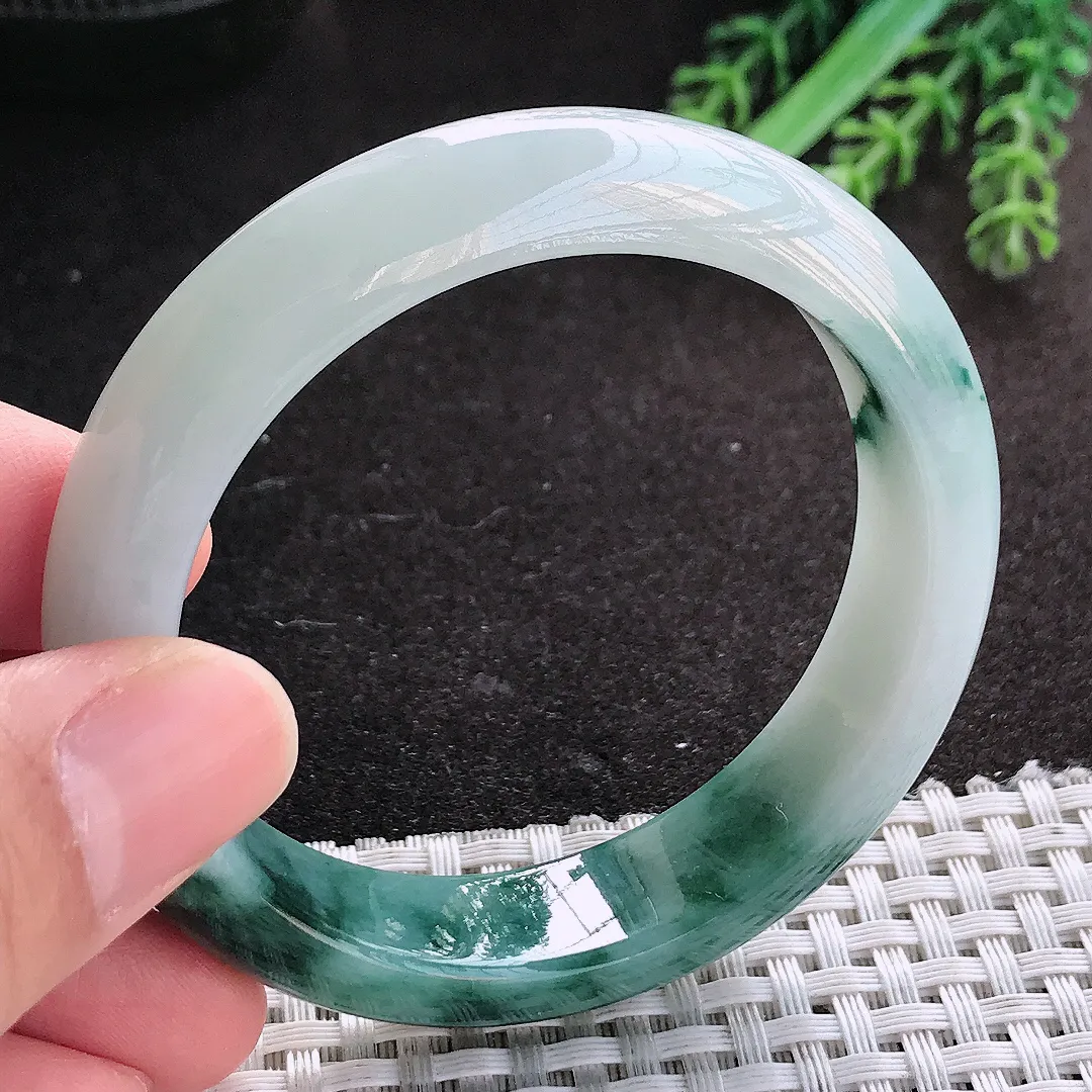 天然A货翡翠53/14/8.3老坑精美温润飘花手镯宽边玉镯