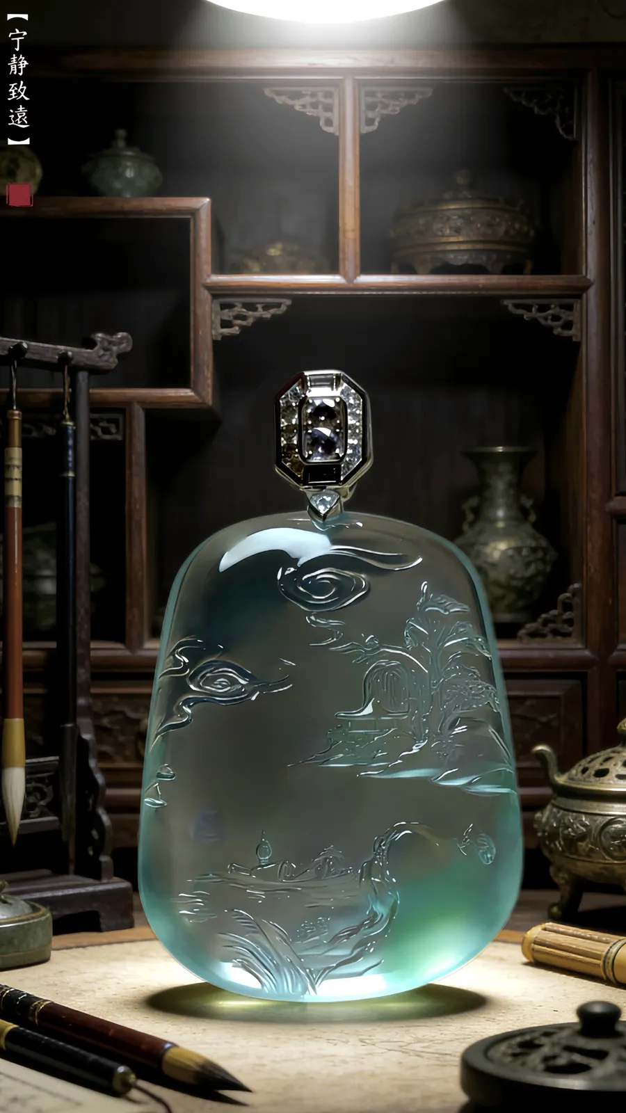 【宁静致远】，山水牌子，
凝一汪清润翡翠，镌千里山水诗意。流云绕峰，扁舟泛水，方寸玉牌间藏尽江南烟霞