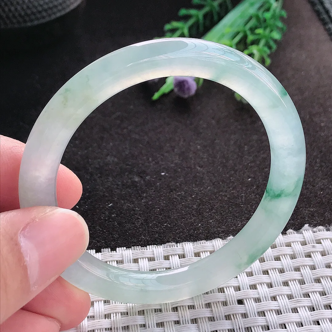 天然A货翡翠51/7.4/8.2老坑冰种飘花圆条手镯玉镯