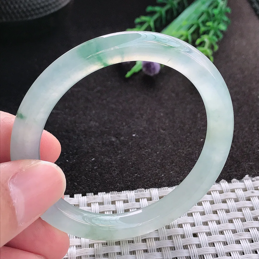 天然A货翡翠51/7.4/8.2老坑冰种飘花圆条手镯玉镯