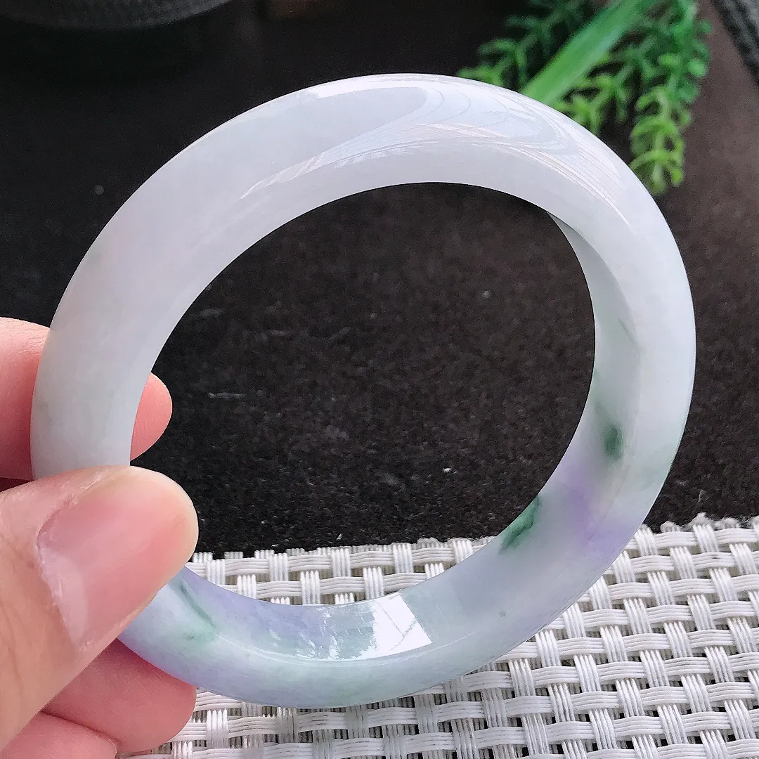 天然A货翡翠57.5/12.8/9.2老坑精美温润紫罗兰飘花手镯宽边玉镯