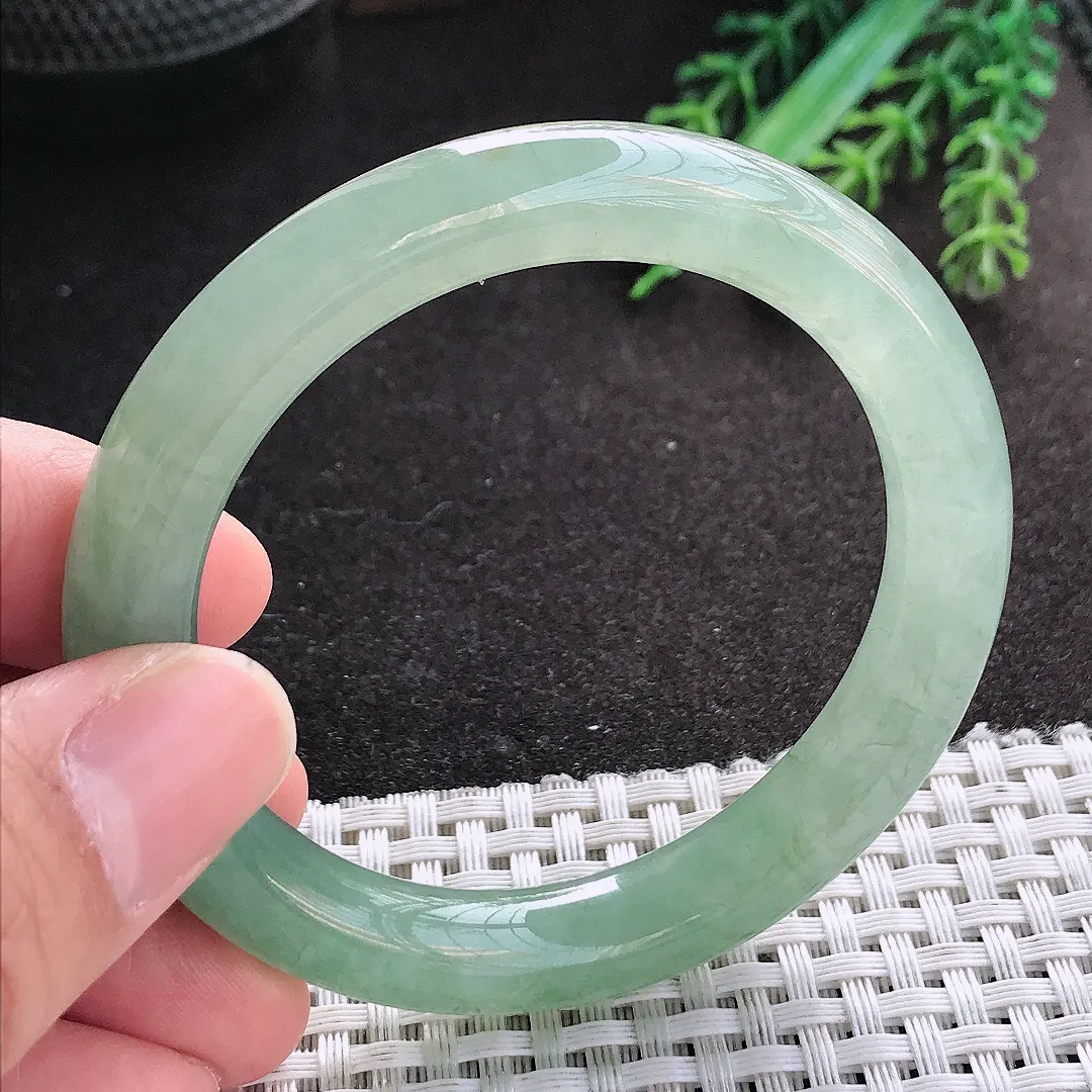 天然A货翡翠52.5/10/9.2老坑冰胶果冻冰晴绿圆条手镯玉镯