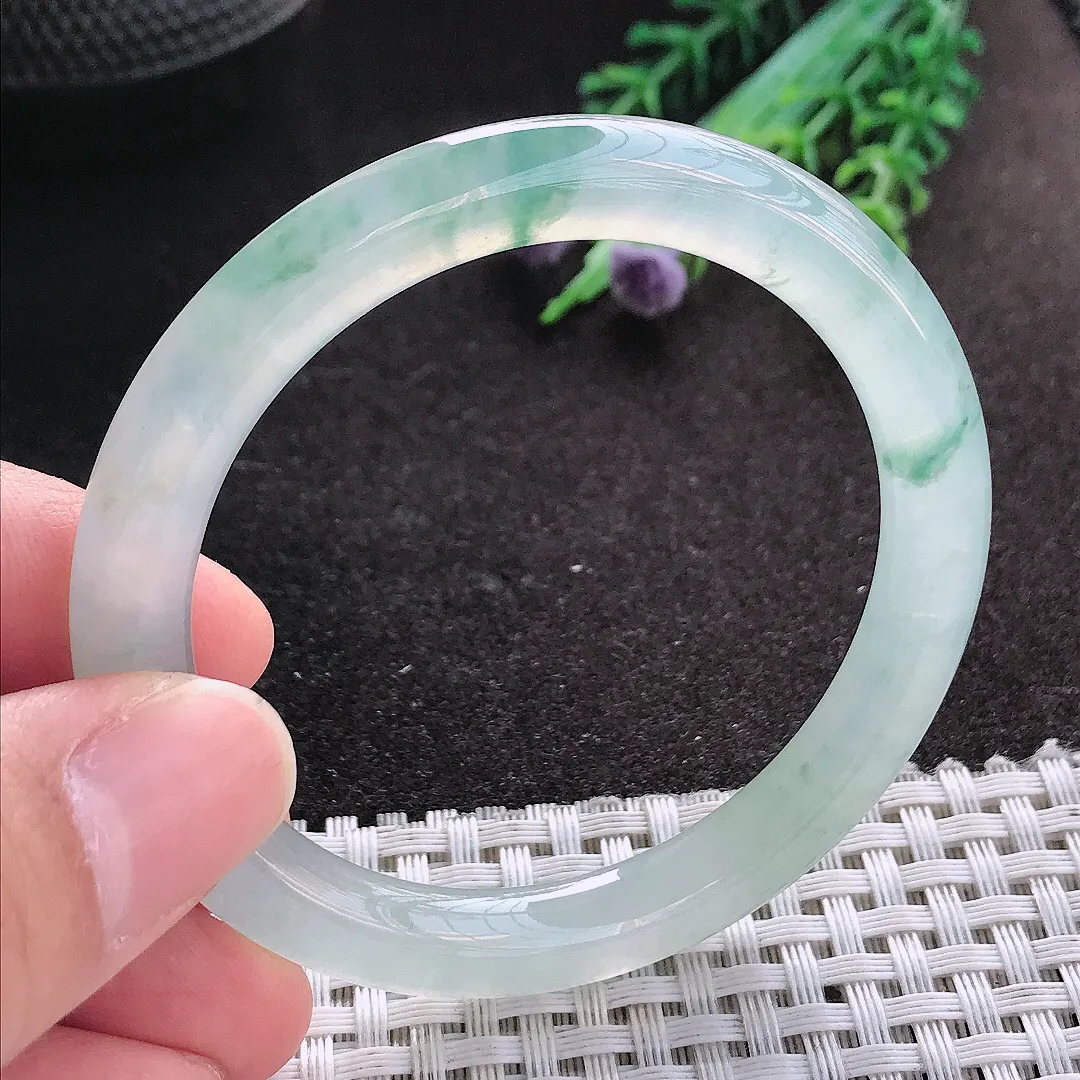 天然A货翡翠51/7.4/8.2老坑冰种飘花圆条手镯玉镯