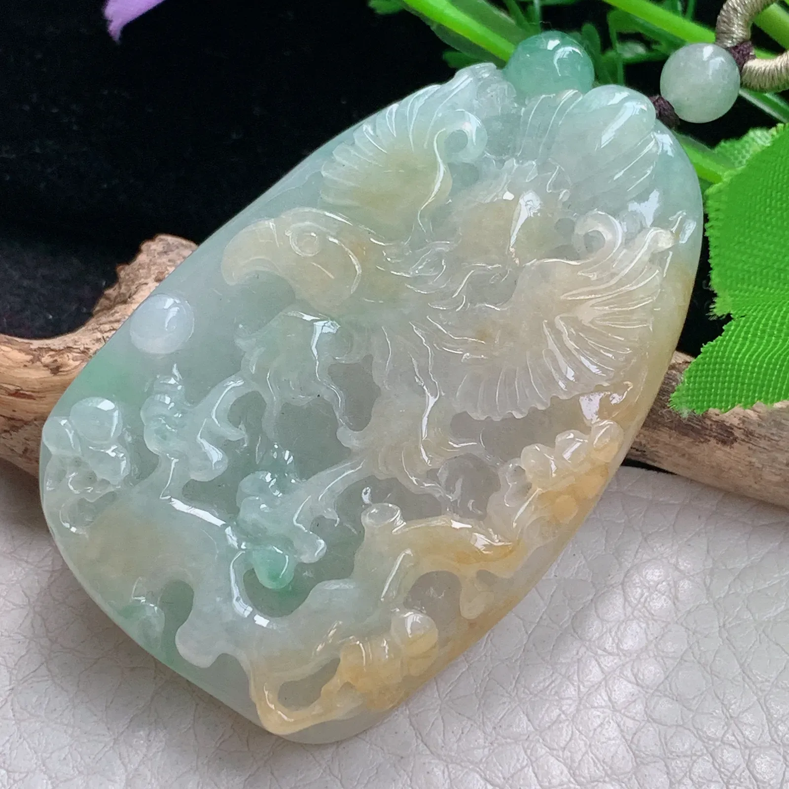 zen自然光58.6*37.8*9.9天然缅甸翡翠三彩大展鸿图玉吊坠 毛衣坠