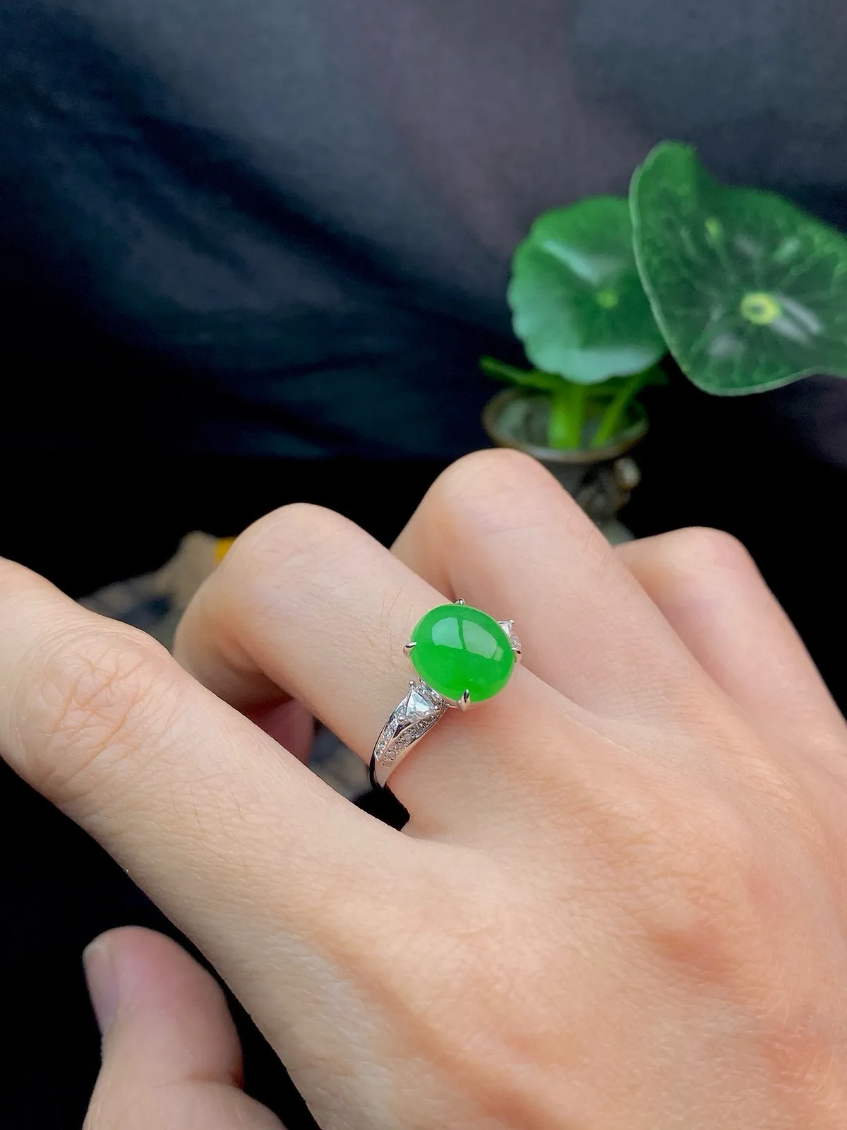 【冰种满绿蛋面戒指】种水色俱全，冰透闪亮，通透感饱满度很好，18k金钻镶嵌，裸石尺寸9.5*8.6*4.3毫米，圈口可改