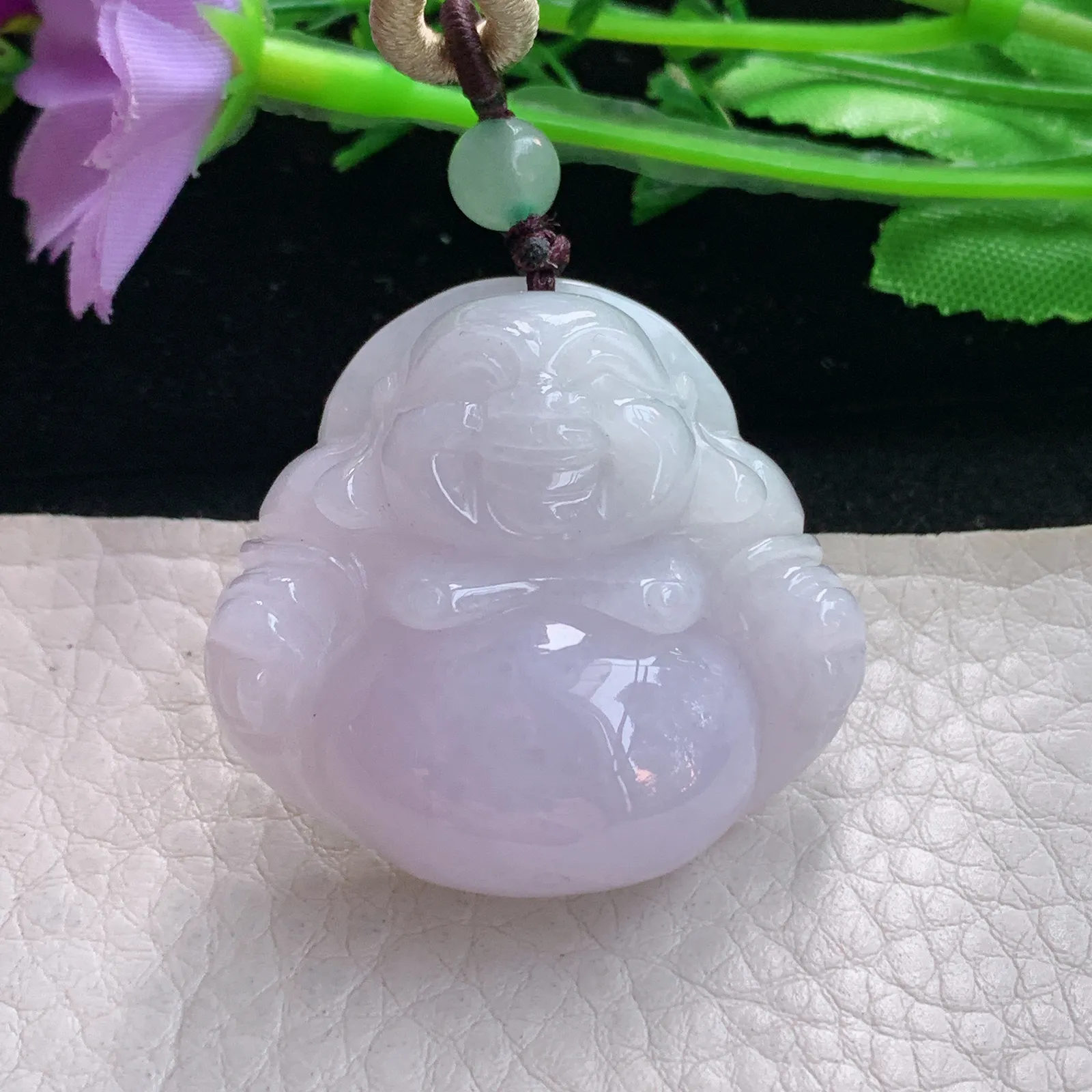 zen自然光35*37*12.8缅甸翡翠a货饱满粉紫佛公 弥勒佛玉吊坠 玉挂件