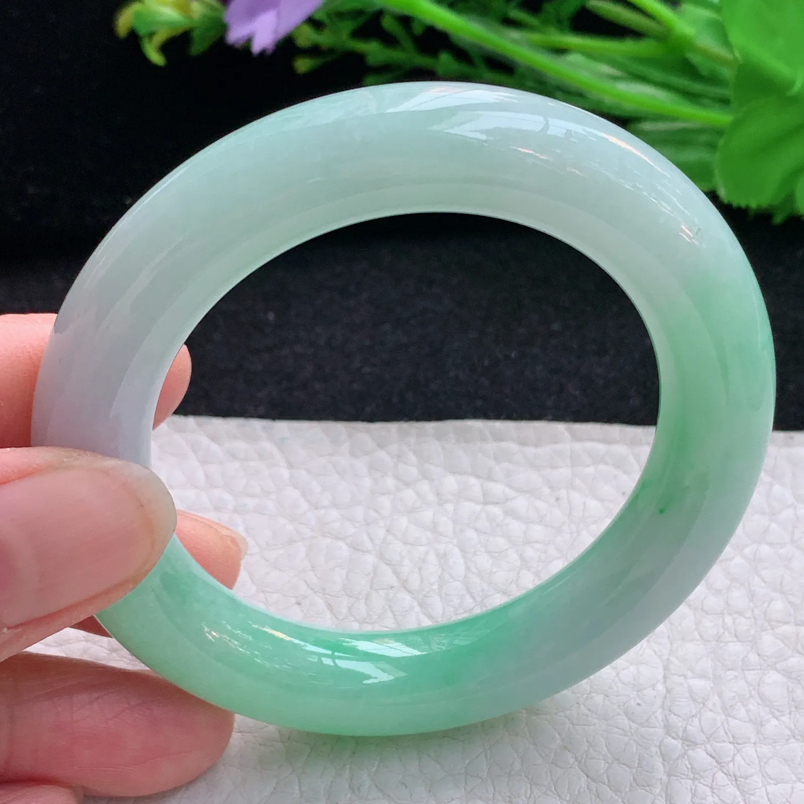 ss小圈口51*11胖圆镯 翡翠a货玉手镯春带彩圆条珠宝玉手环 美人镯