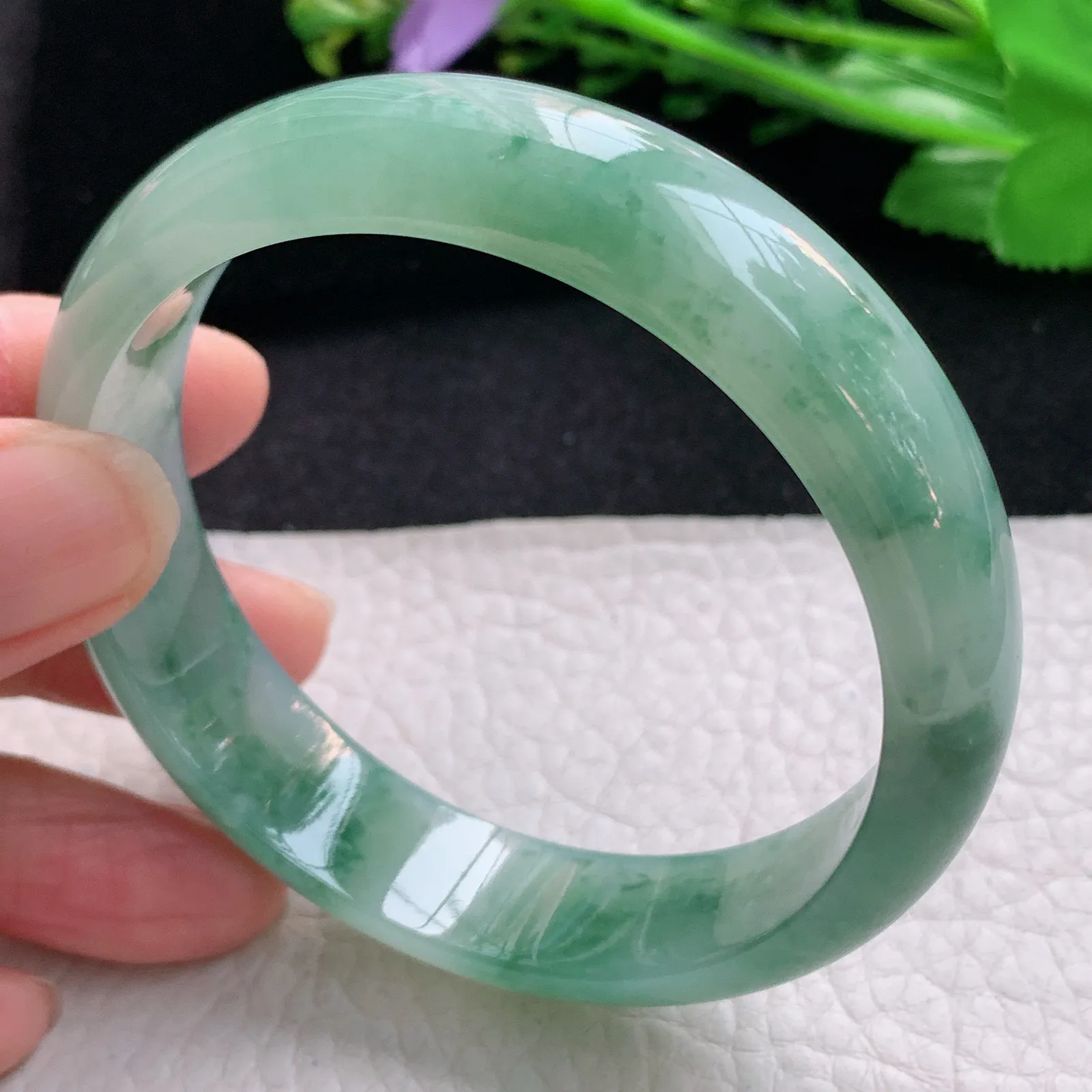 js自然光58*14.2*7.2平安镯 天然缅甸翡翠冰飘花宽边玉手镯 珠宝玉手环